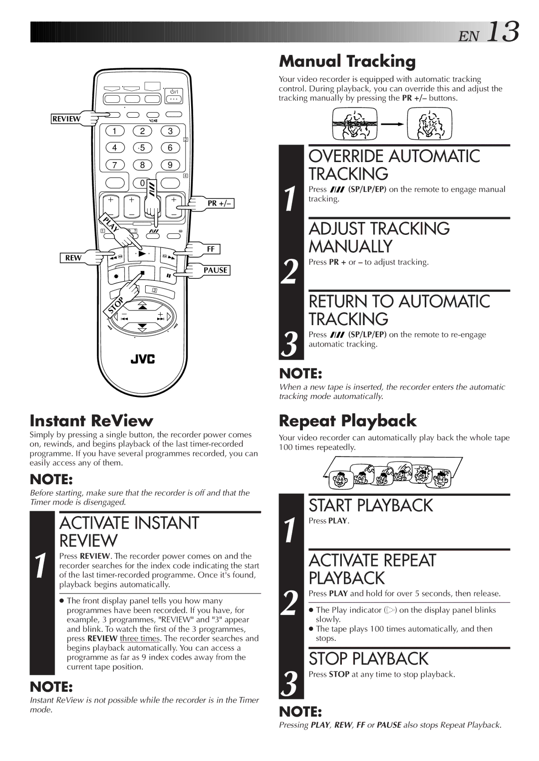 JVC HR-J777MS Override Automatic Tracking, Adjust Tracking Manually, Return to Automatic Tracking, Activate Instant Review 