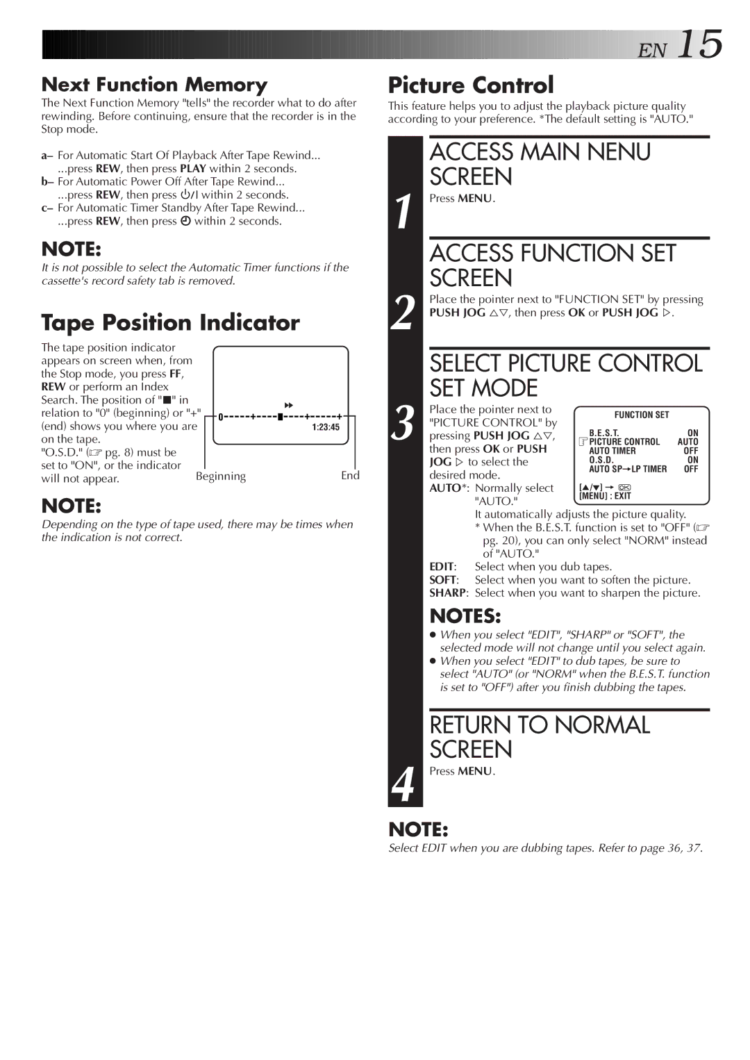 JVC HR-J777MS, HR-J677MS specifications Access Main Nenu Screen, SET Mode, Tape Position Indicator, Picture Control 