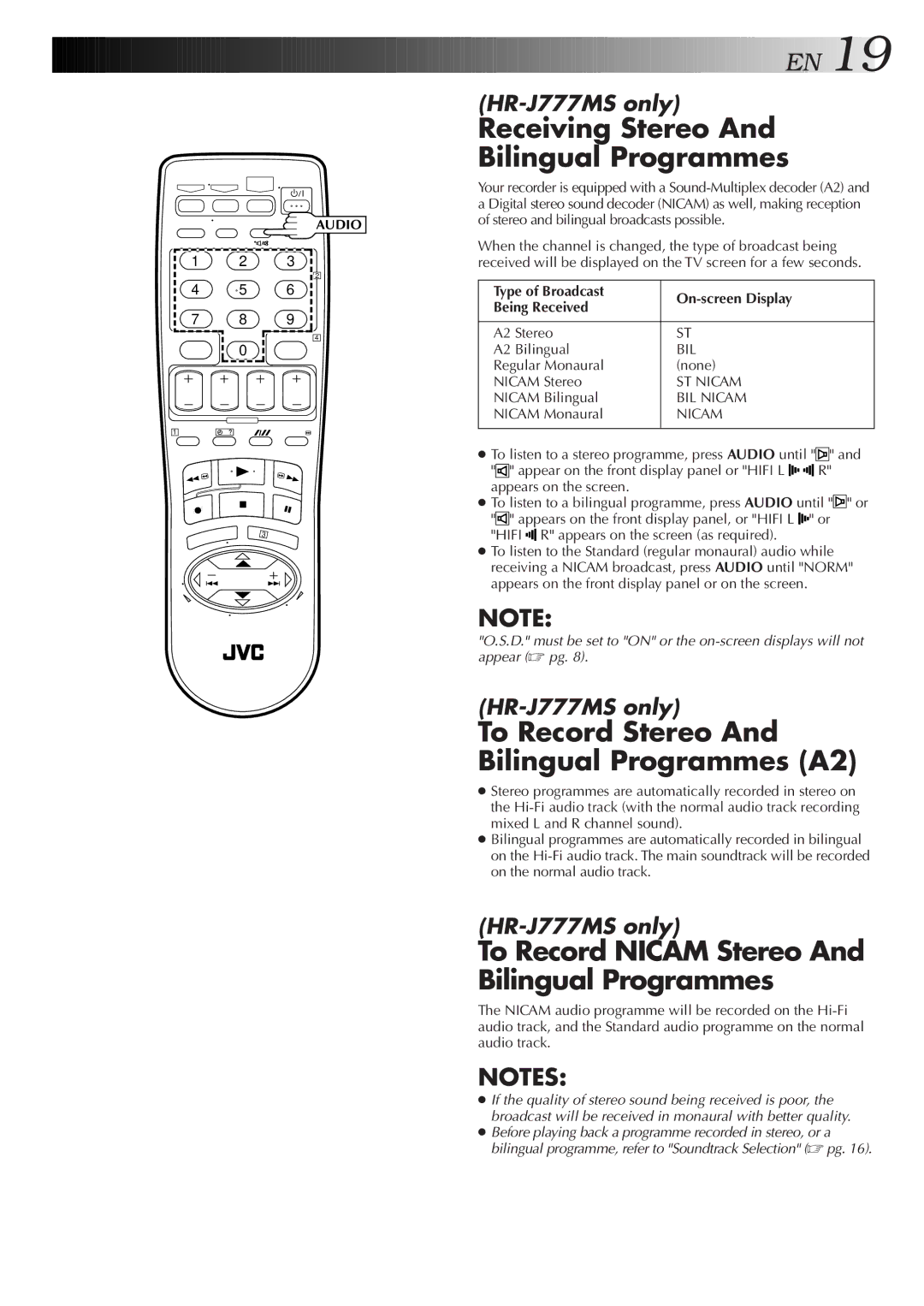 JVC HR-J777MS, HR-J677MS specifications Receiving Stereo Bilingual Programmes, To Record Stereo Bilingual Programmes A2 