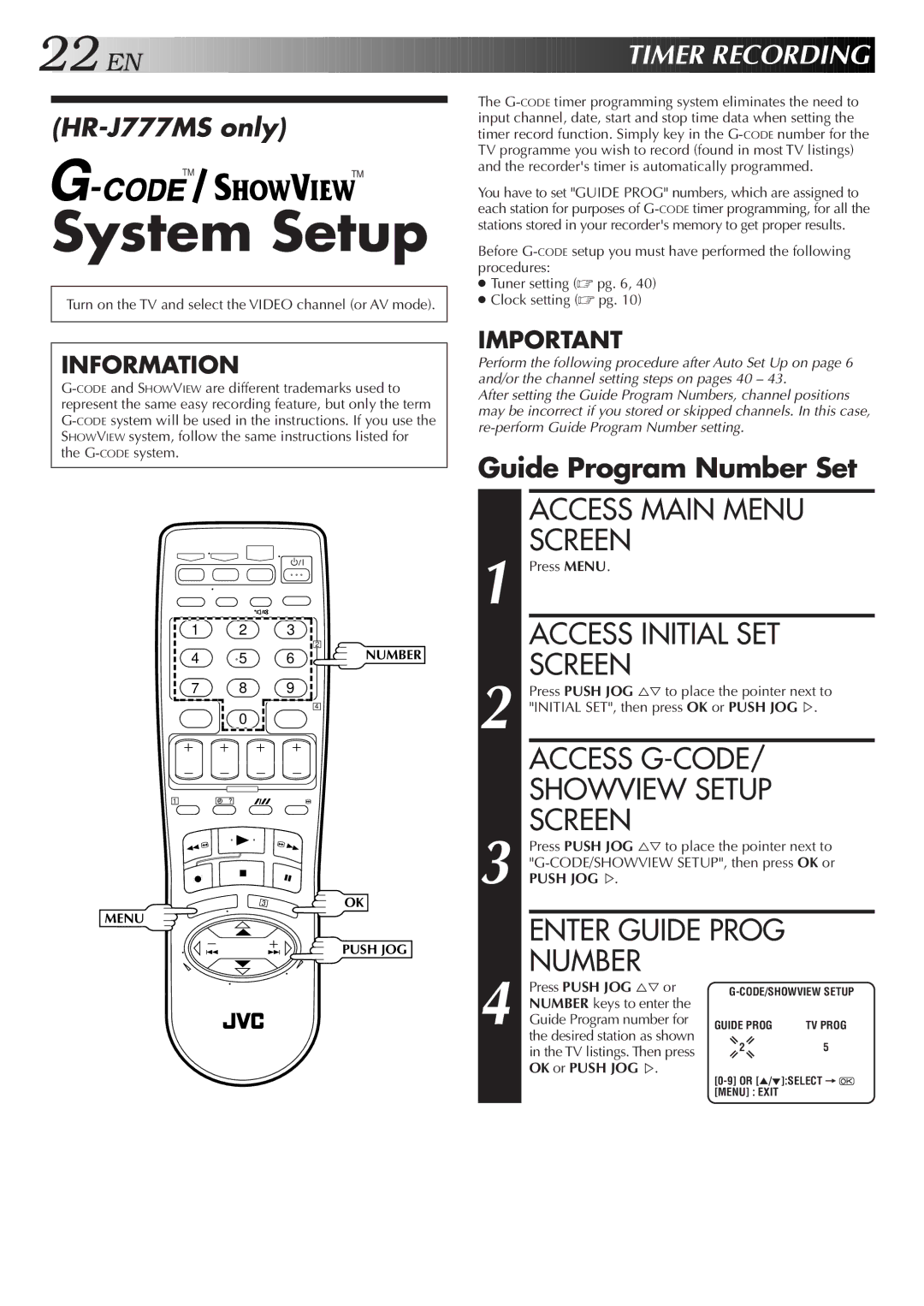 JVC HR-J677MS System Setup, Access Initial SET Screen, Access G-CODE Showview Setup Screen, Number, EN Timer Recording 