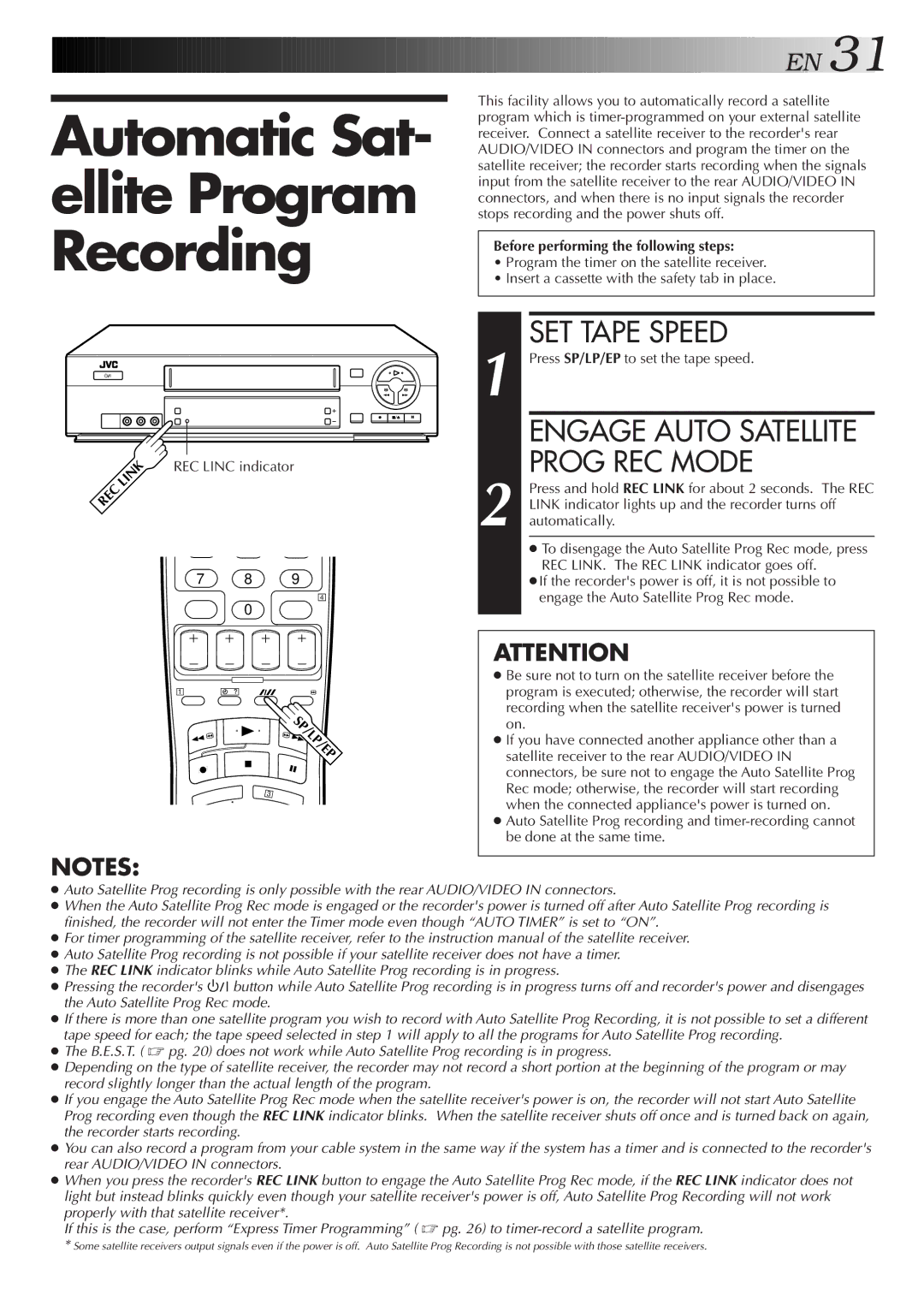 JVC HR-J777MS Automatic Sat- ellite Program Recording, REC Linc indicator, Before performing the following steps 