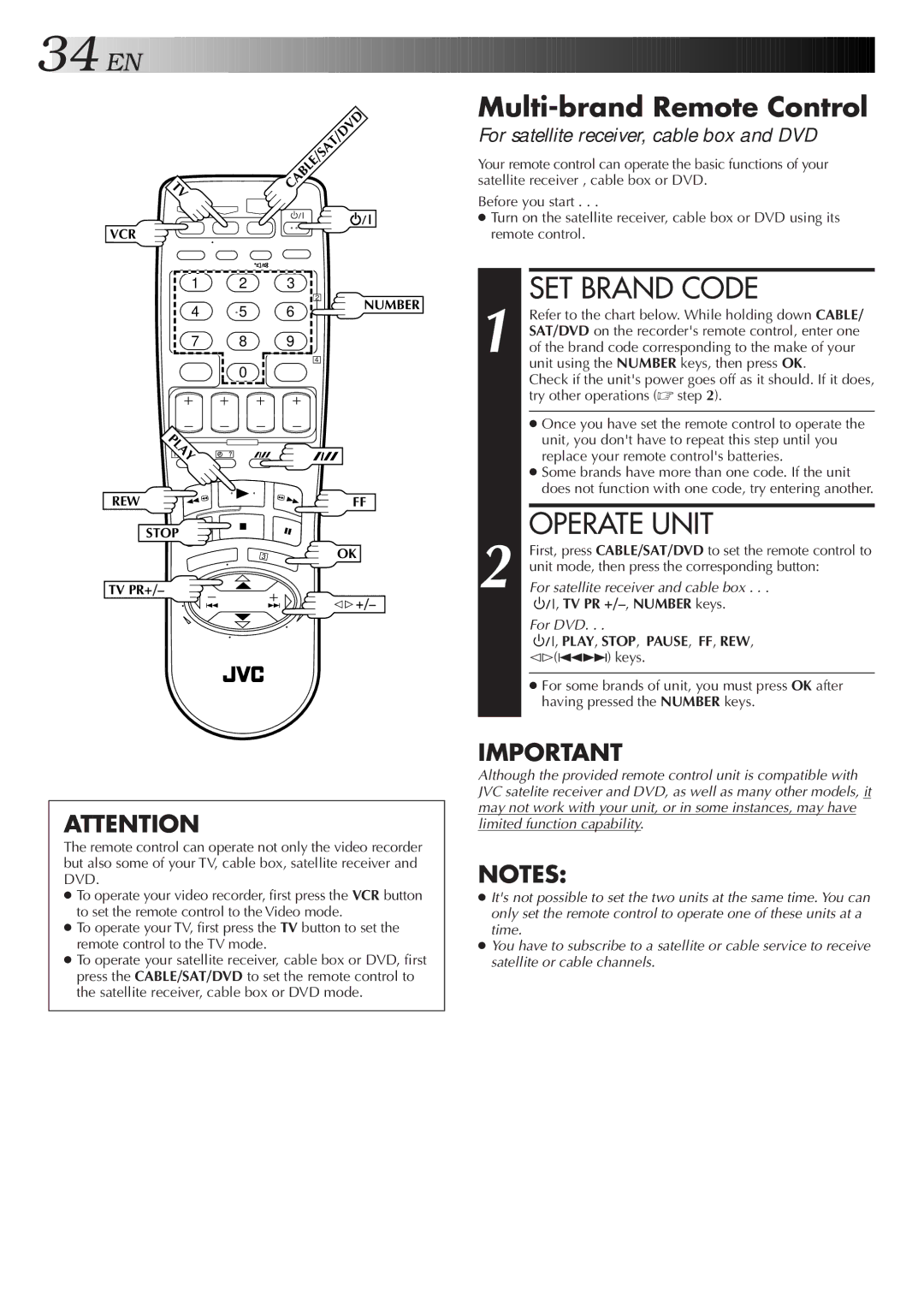 JVC HR-J677MS SET Brand Code, Operate Unit, Multi-brand Remote Control, TV PR +/-,NUMBER keys, Play, Stop, Pause, Ff, Rew 