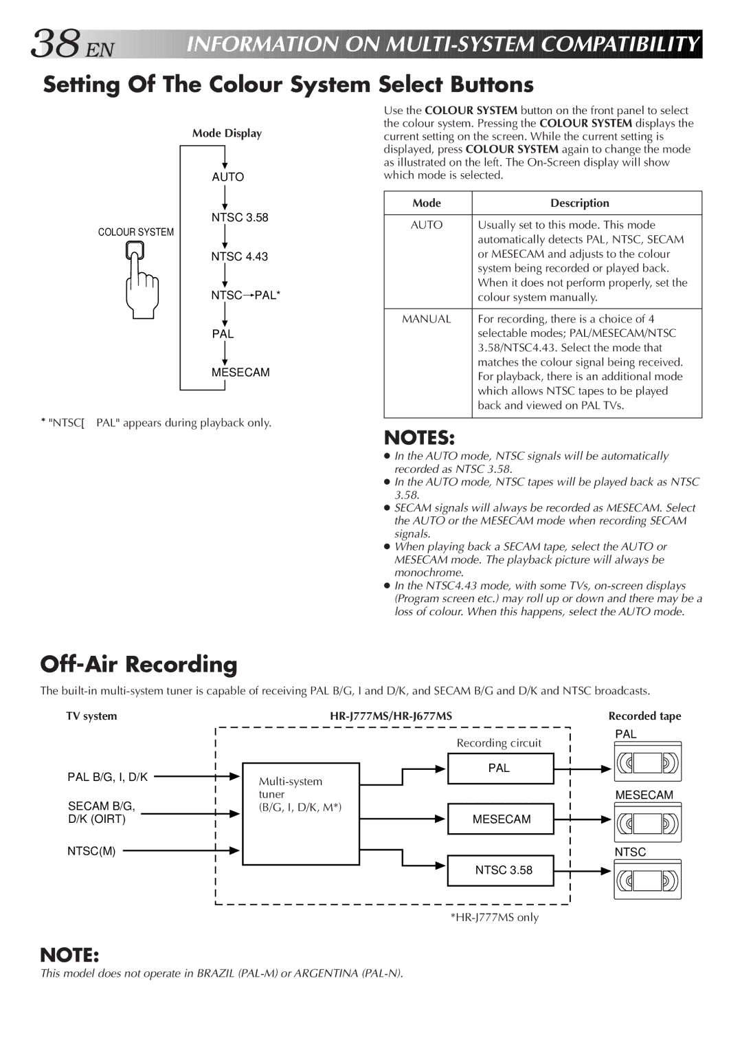 JVC HR-J677MS, HR-J777MS Setting Of The Colour System Select Buttons, Off-Air Recording, Mode Display, Description 