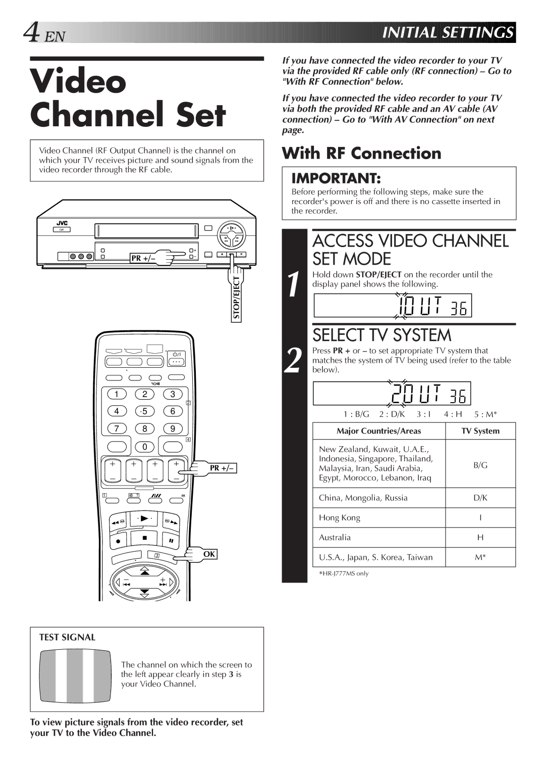 JVC HR-J677MS, HR-J777MS Video Channel Set, Access Video Channel SET Mode, Select TV System, EN I Nitial Sett Ings 