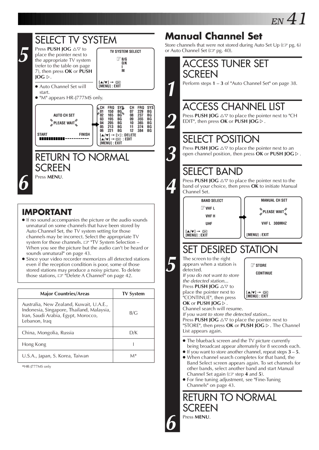 JVC HR-J777MS, HR-J677MS specifications Access Channel List, Select Position, SET Desired Station, Manual Channel Set 