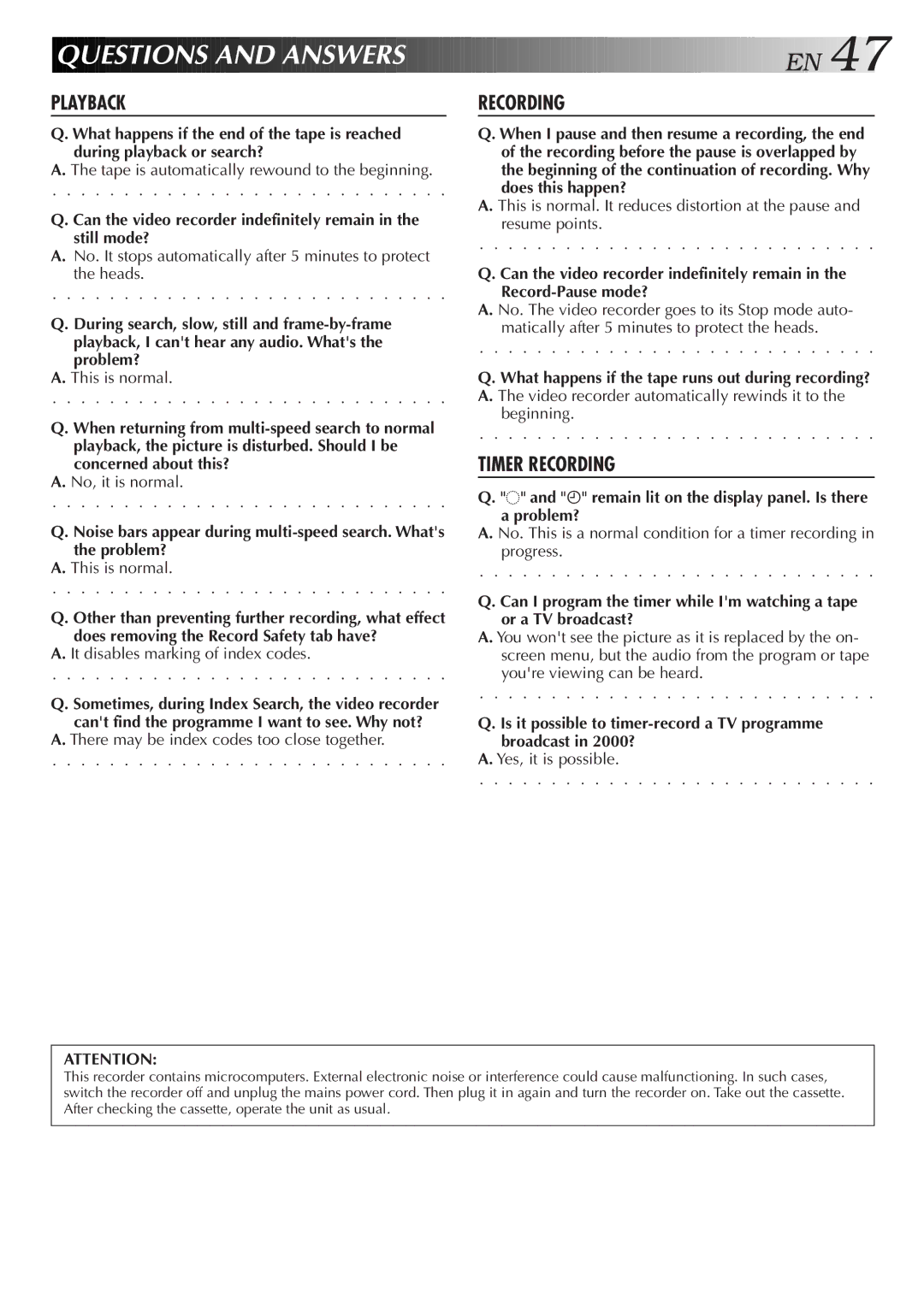 JVC HR-J777MS, HR-J677MS specifications Quest Ions and Answers EN, Playback Recording 