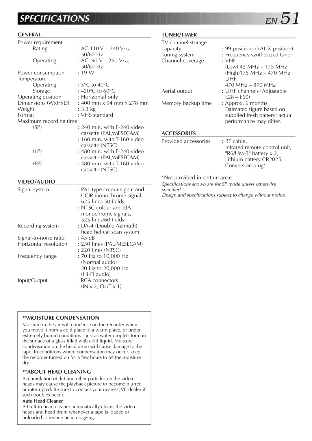 JVC HR-J777MS, HR-J677MS specifications Specif Ications, Auto Head Cleaner 