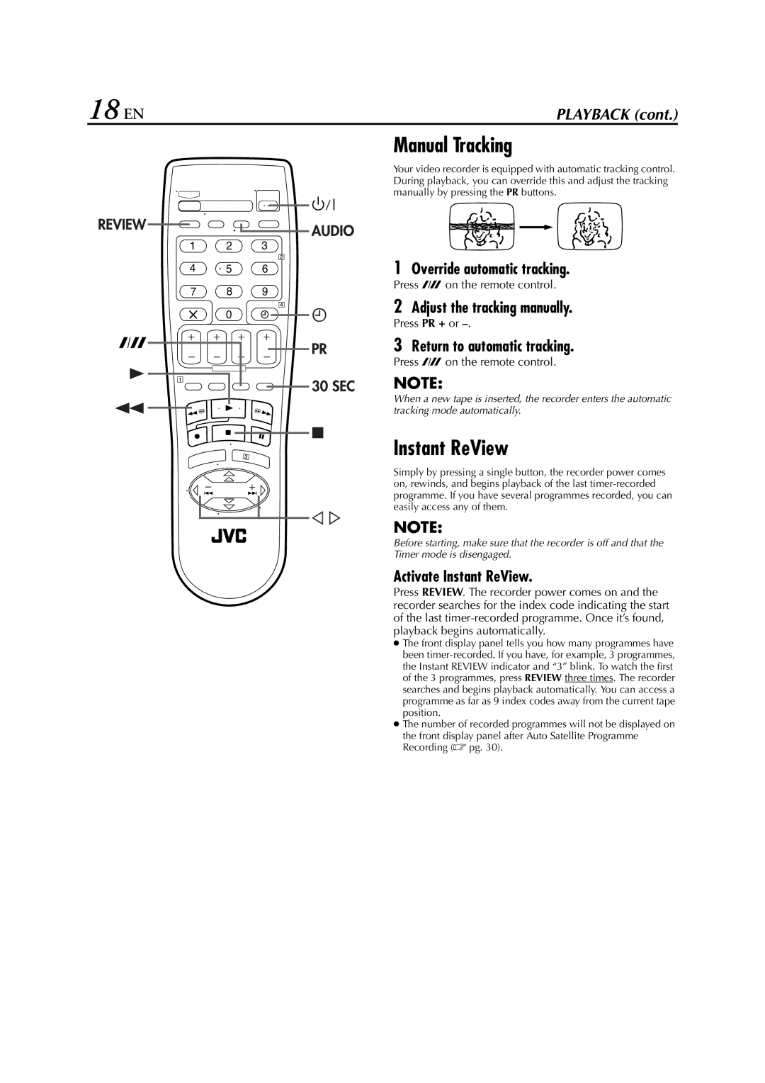 JVC HR-J680, HR-J681, HR-J682EU, HR-J587, HR-J588, HR-J589EU instruction manual 18 EN, Manual Tracking, Instant ReView 