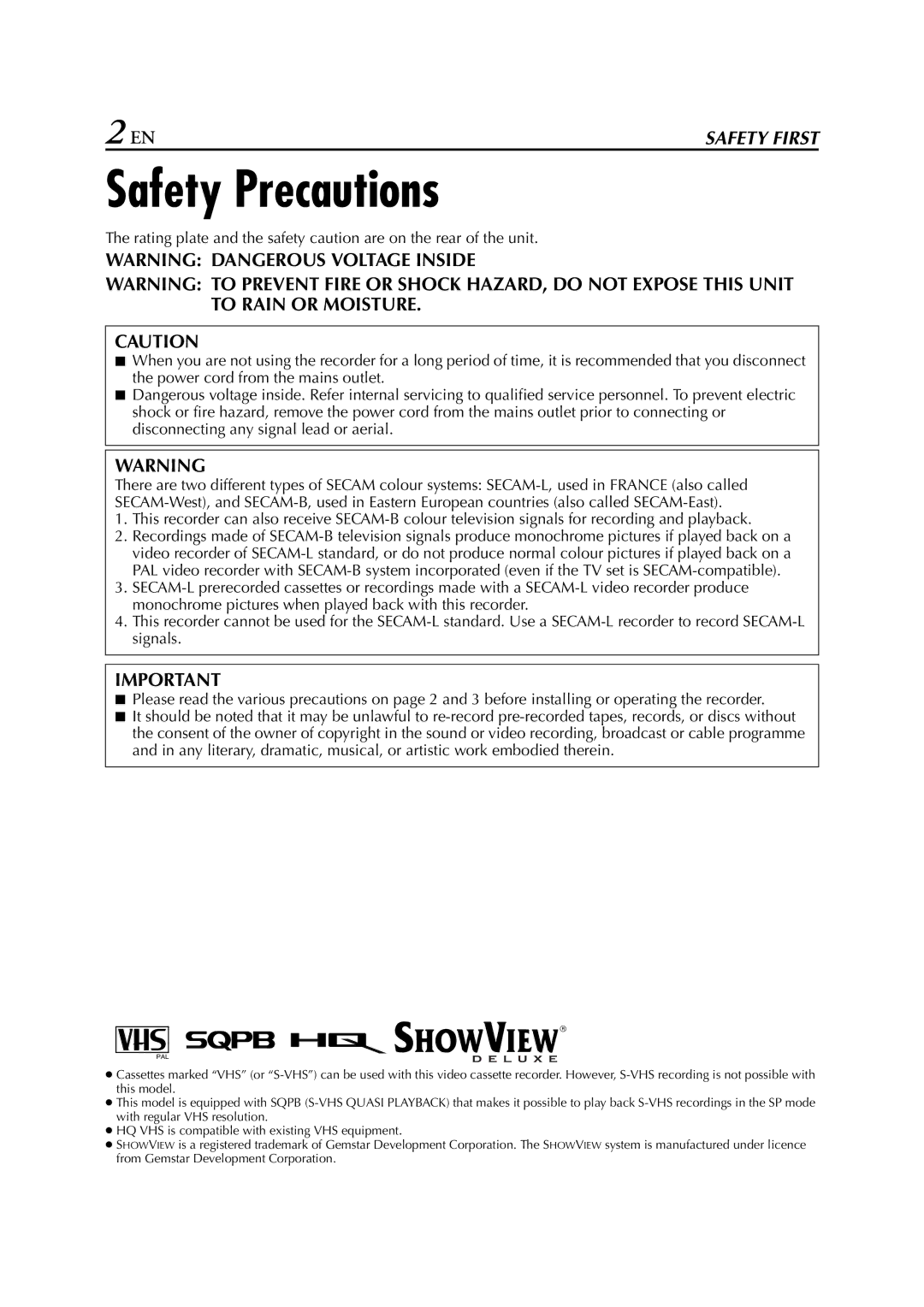 JVC HR-J680, HR-J681, HR-J682EU, HR-J587, HR-J588, HR-J589EU instruction manual Safety Precautions 