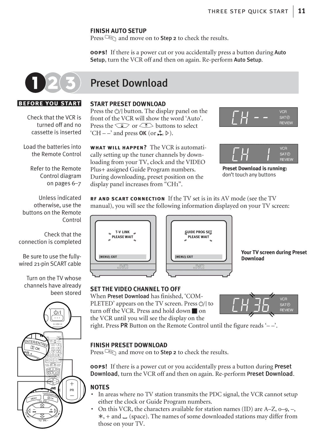 JVC HR-J680EK, HR-J682EK manual Preset Download, Three step quick start 