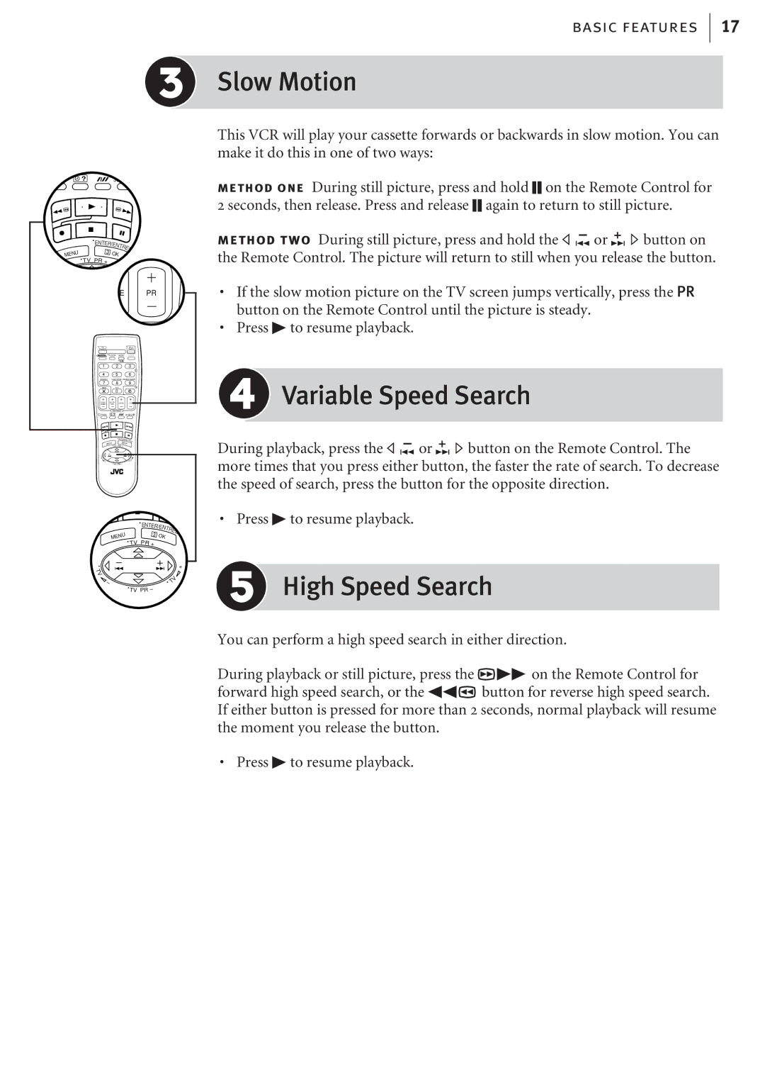 JVC HR-J680EK, HR-J682EK manual Slow Motion, Variable Speed Search, High Speed Search 