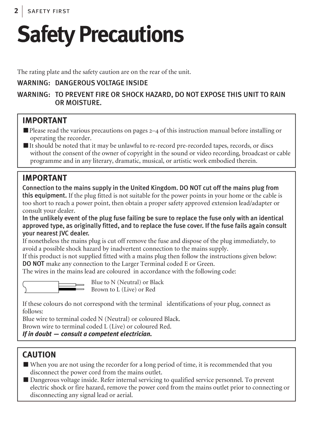 JVC HR-J682EK, HR-J680EK manual Safety Precautions, If in doubt Ñ consult a competent electrician 