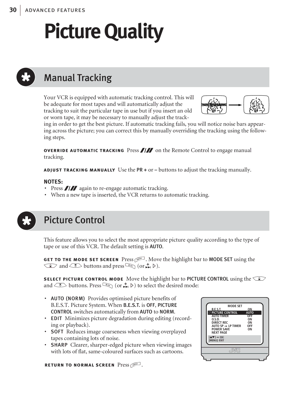 JVC HR-J682EK, HR-J680EK manual Picture Quality, Manual Tracking, Picture Control 