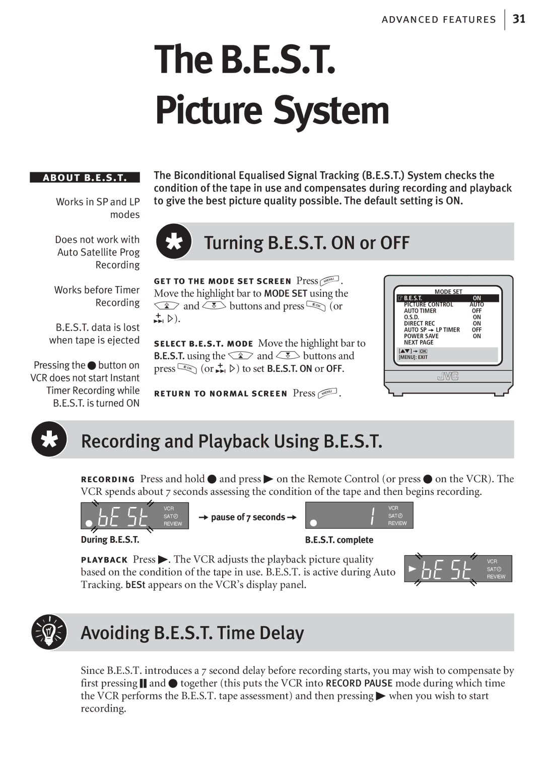 JVC HR-J680EK, HR-J682EK manual B.E.S.T PictureÊSystem, Turning B.E.S.T. on or OFF, Recording and Playback Using B.E.S.T 