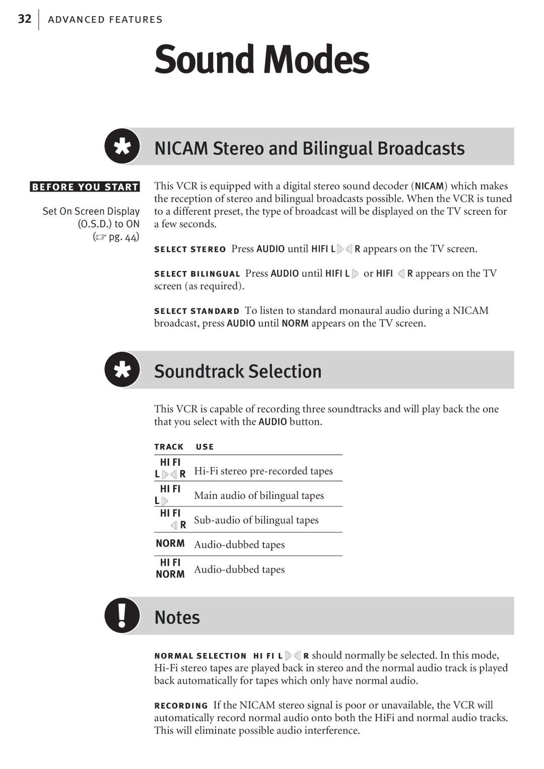 JVC HR-J682EK, HR-J680EK manual Sound Modes, Nicam Stereo and Bilingual Broadcasts, Soundtrack Selection 