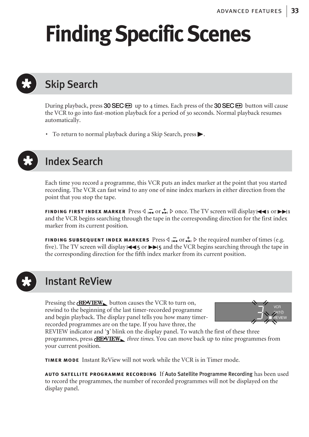 JVC HR-J680EK, HR-J682EK manual Finding Specific Scenes, Skip Search, Index Search, Instant ReView 