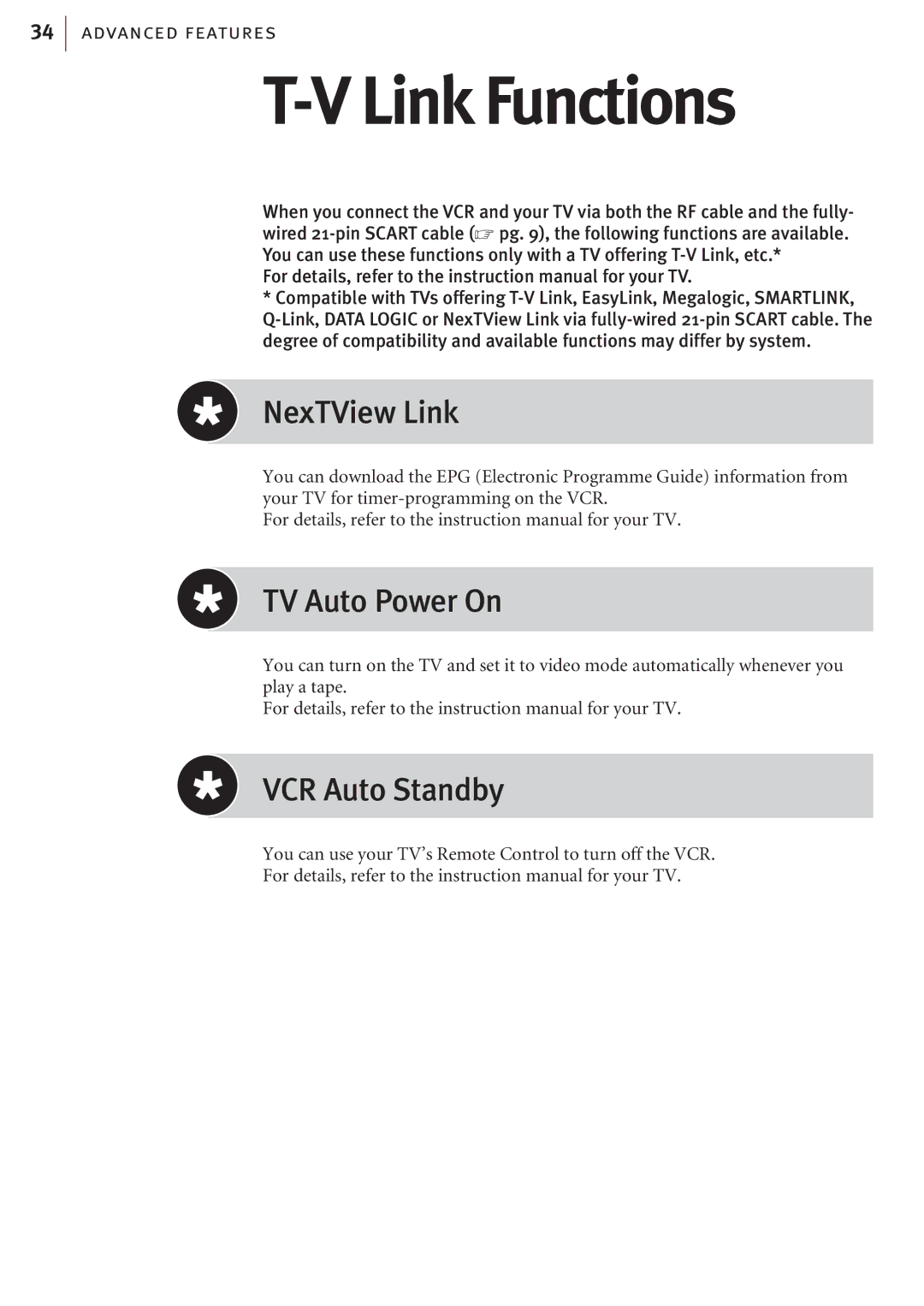 JVC HR-J682EK, HR-J680EK manual Link Functions, NexTView Link, TV Auto Power On, VCR Auto Standby 