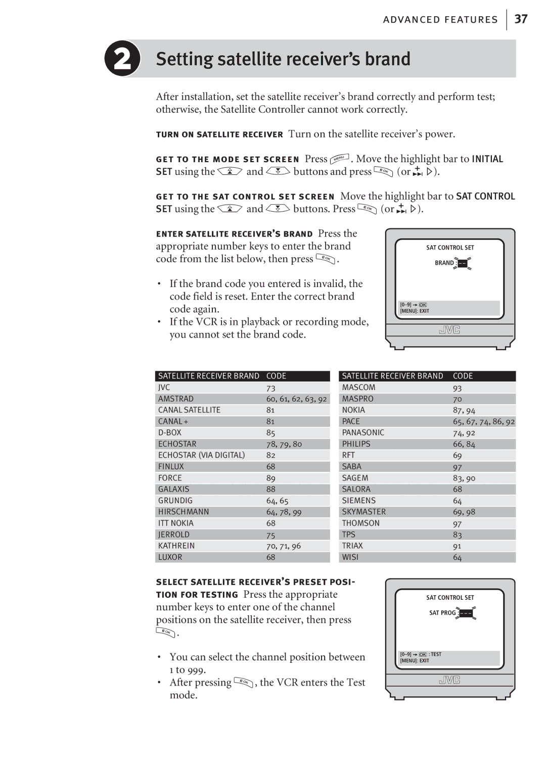 JVC HR-J680EK, HR-J682EK manual Setting satellite receiverÕs brand, Code 