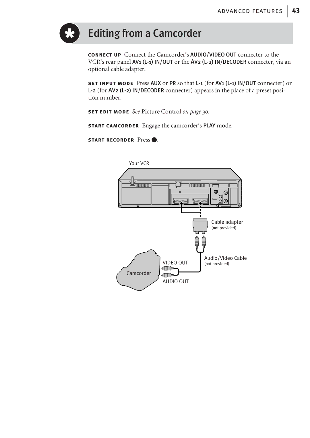 JVC HR-J680EK, HR-J682EK manual Editing from a Camcorder, Start recorder Press T 