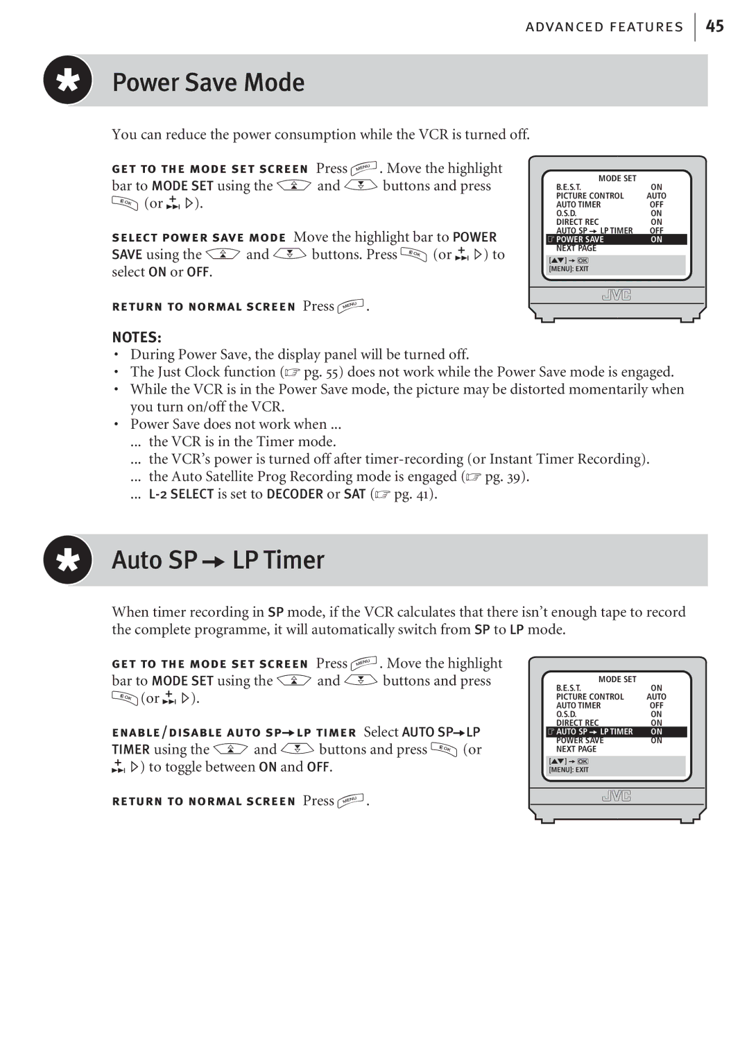 JVC HR-J680EK, HR-J682EK manual Power Save Mode, Auto SP aLP Timer 