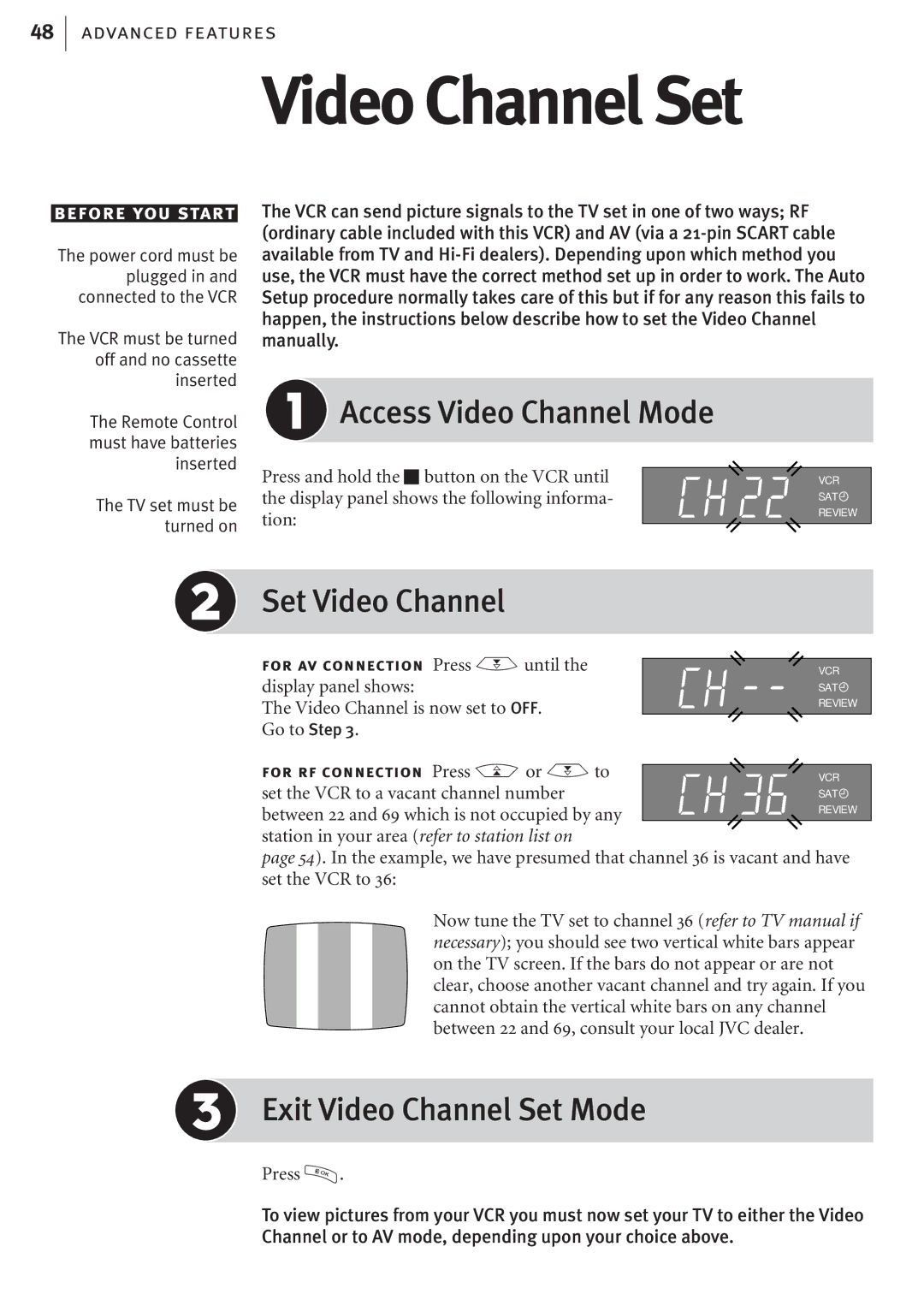 JVC HR-J682EK, HR-J680EK manual Access Video Channel Mode, Set Video Channel, Exit Video Channel Set Mode 