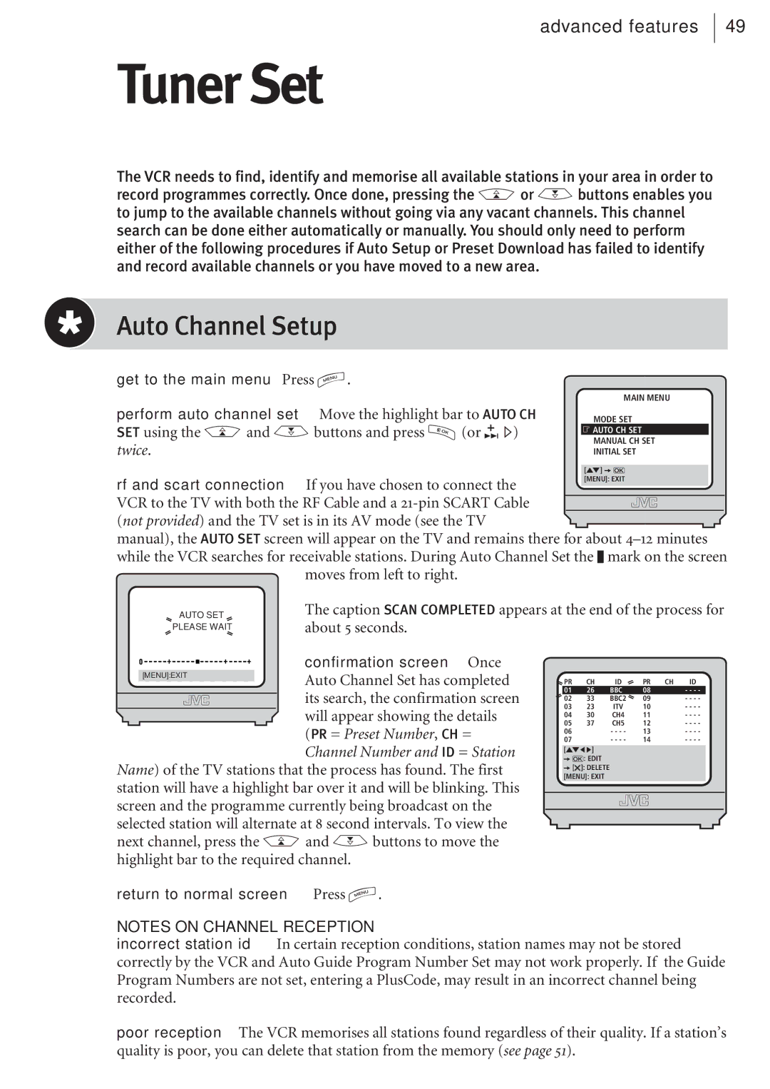 JVC HR-J680EK, HR-J682EK manual Tuner Set, Auto Channel Setup 