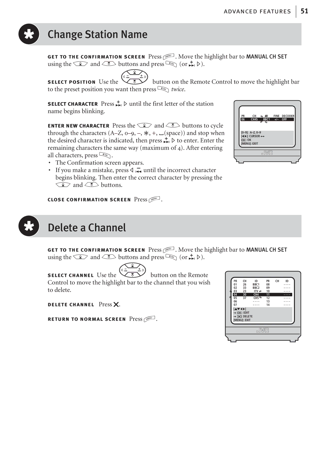 JVC HR-J680EK, HR-J682EK manual Change Station Name, Delete a Channel 