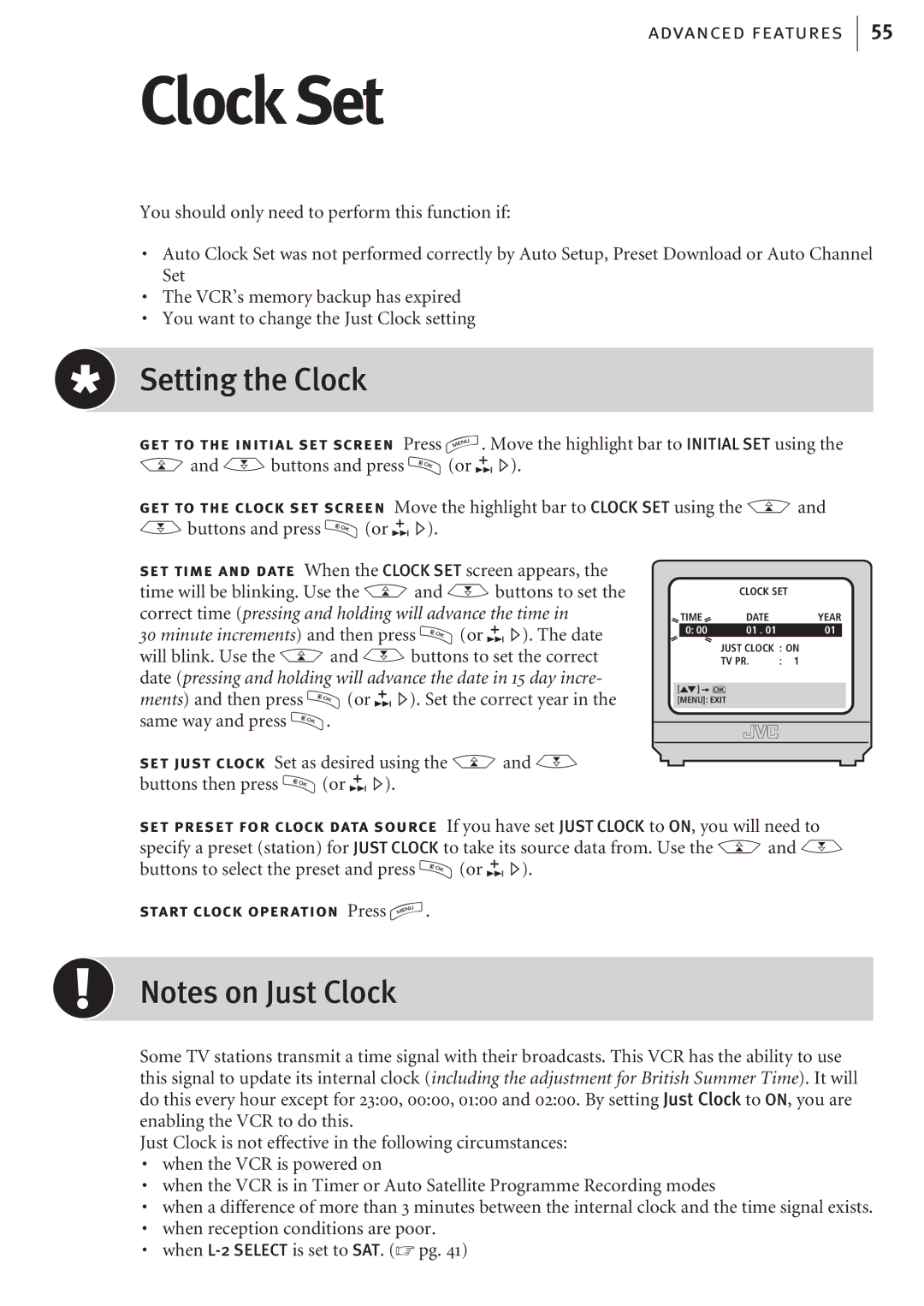 JVC HR-J680EK, HR-J682EK manual Clock Set, Setting the Clock 