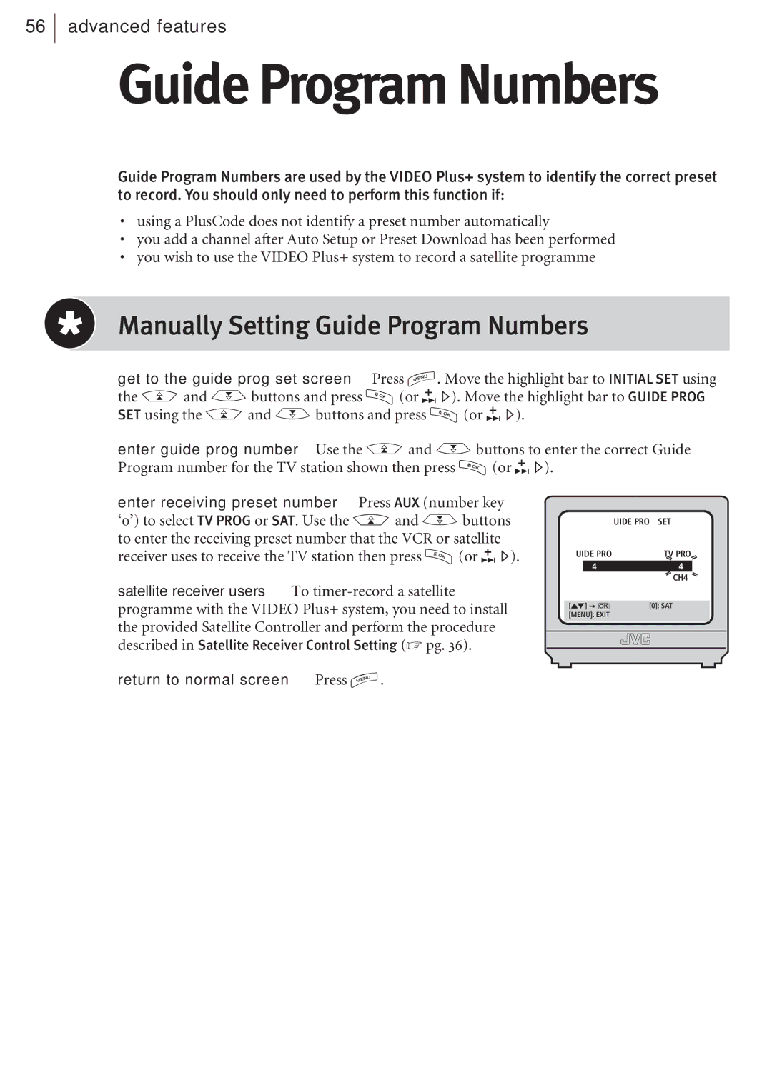 JVC HR-J682EK, HR-J680EK manual Manually Setting Guide Program Numbers 