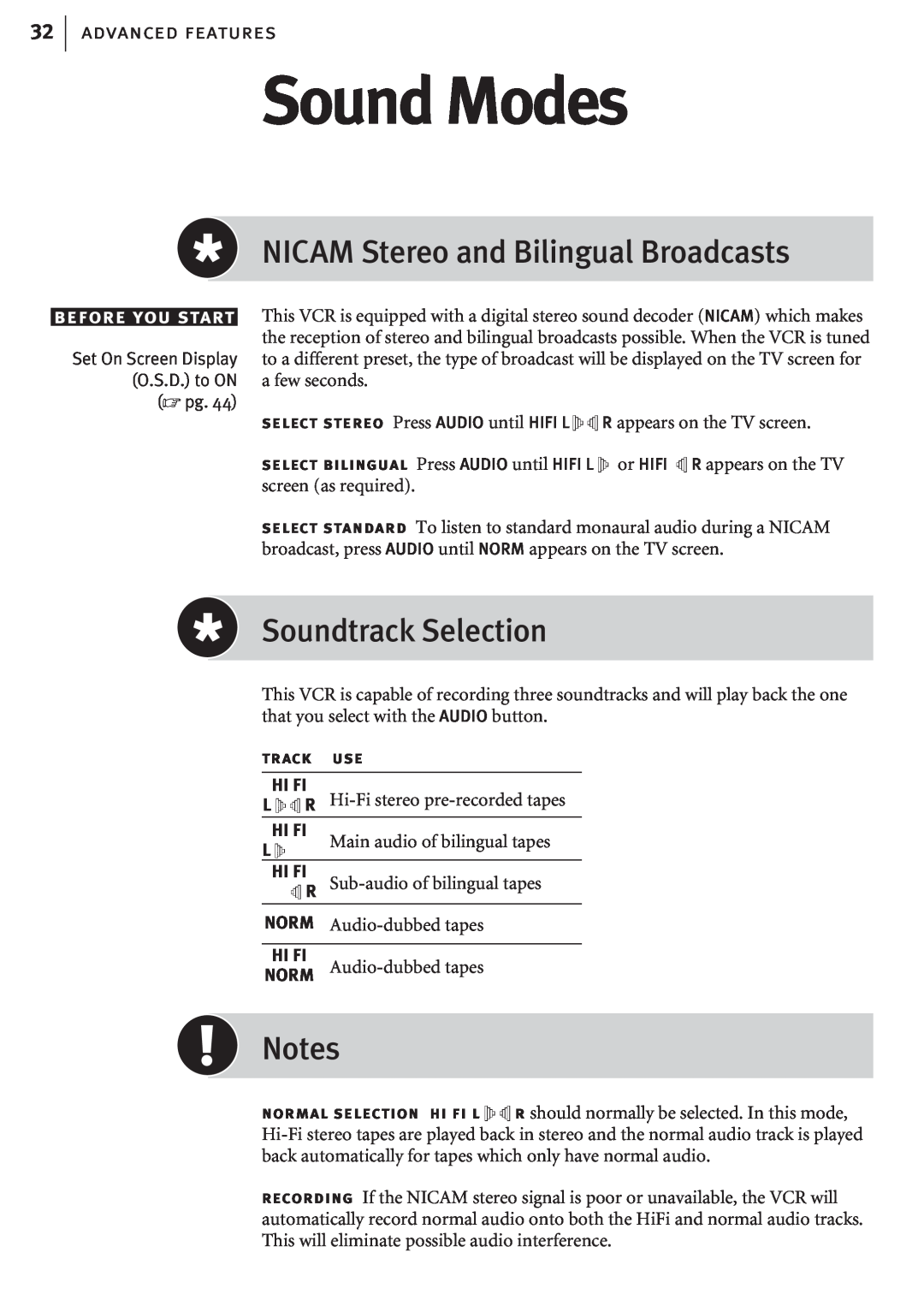 JVC HR-J682EK, HR-J680EK manual Sound Modes, NICAM Stereo and Bilingual Broadcasts, Soundtrack Selection, advanced features 