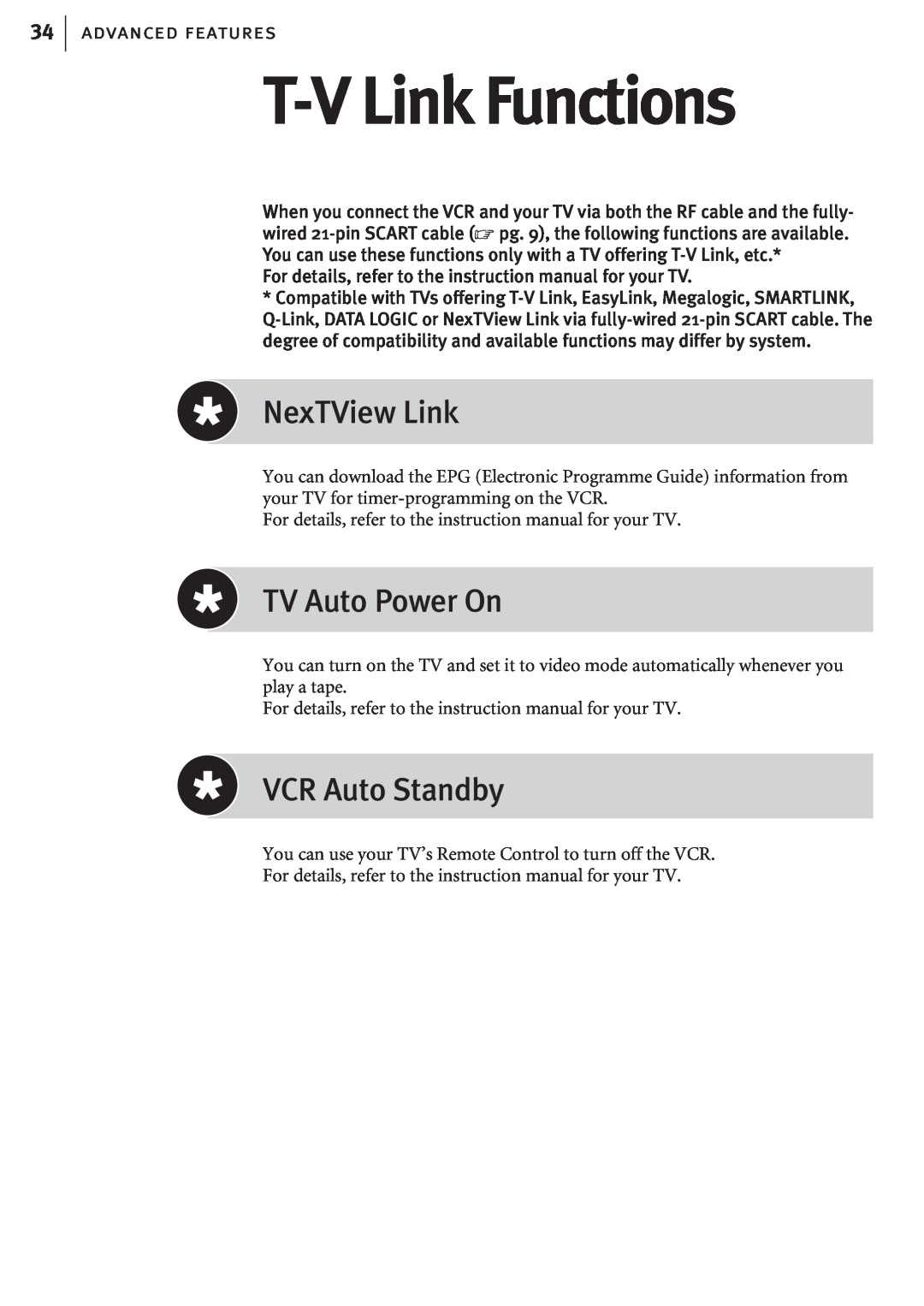 JVC HR-J682EK, HR-J680EK manual T-V Link Functions, NexTView Link, TV Auto Power On, VCR Auto Standby, advanced features 