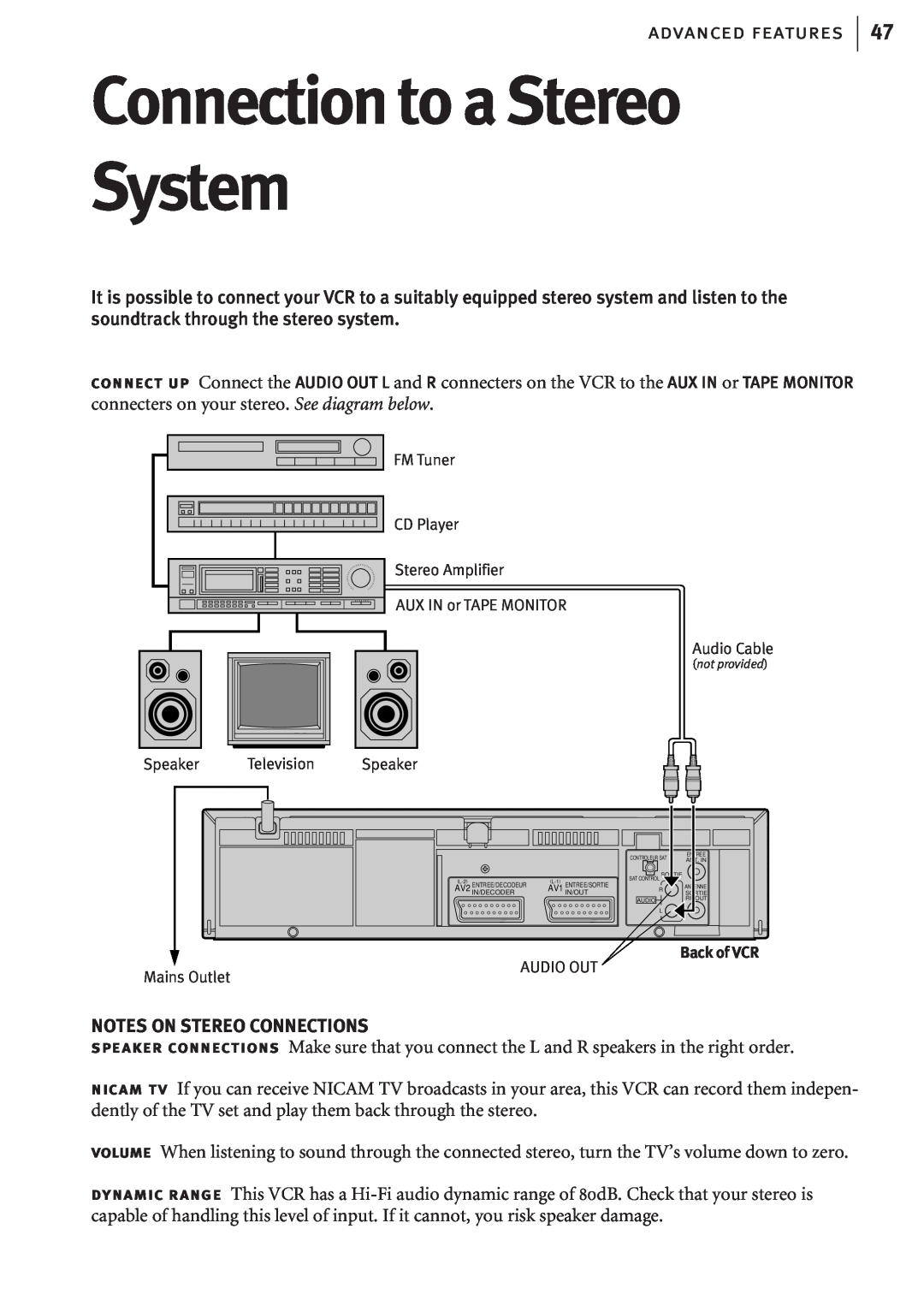 JVC HR-J680EK, HR-J682EK manual Connection to a Stereo System, advanced features, Notes On Stereo Connections 