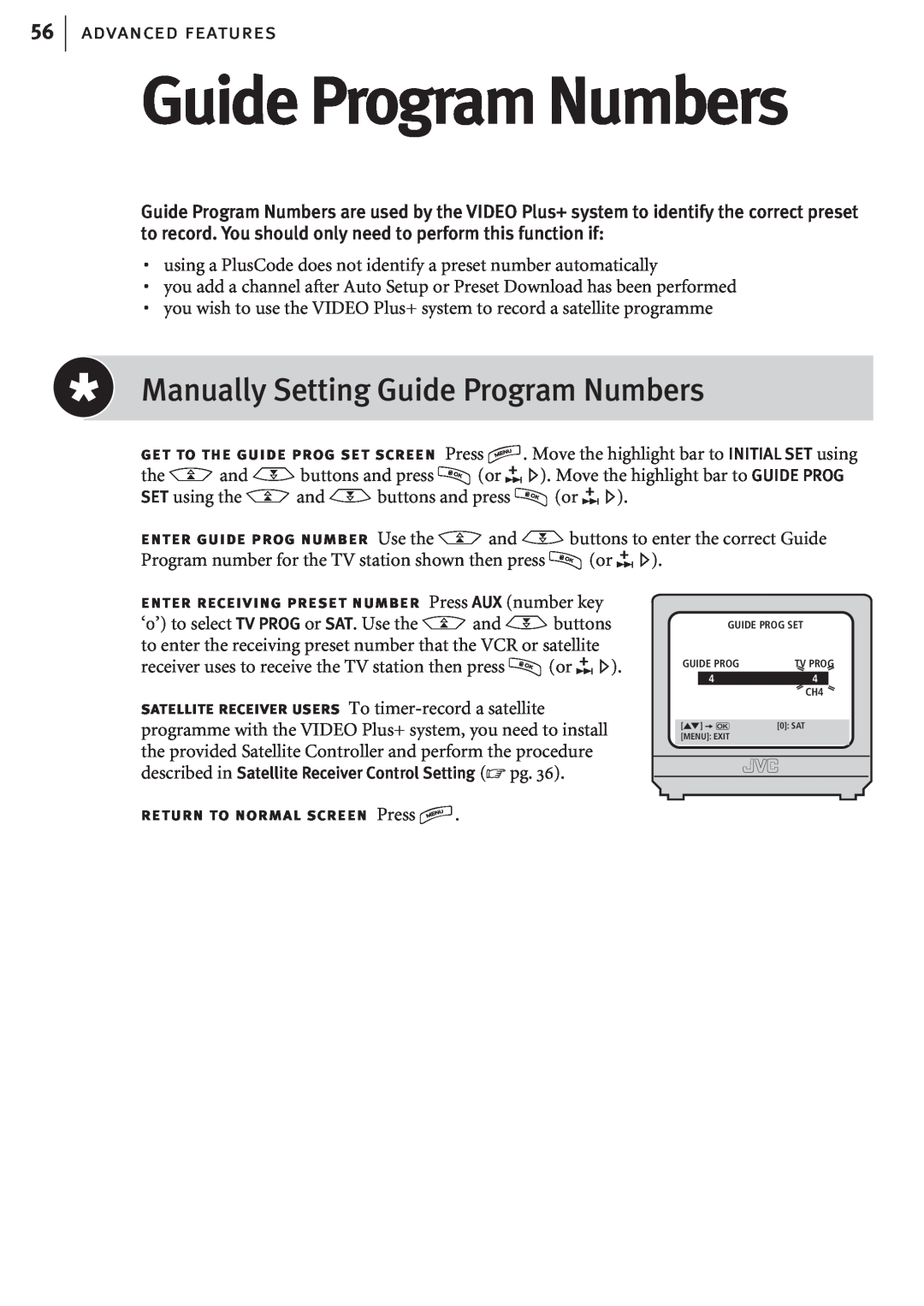 JVC HR-J682EK, HR-J680EK manual Manually Setting Guide Program Numbers, advanced features 
