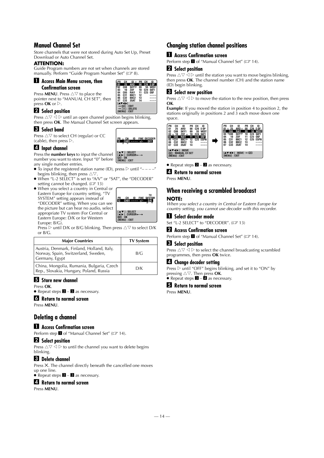 JVC HR-J694EU, HR-J693EU, HR-J691EU specifications Manual Channel Set, Deleting a channel, Changing station channel positions 