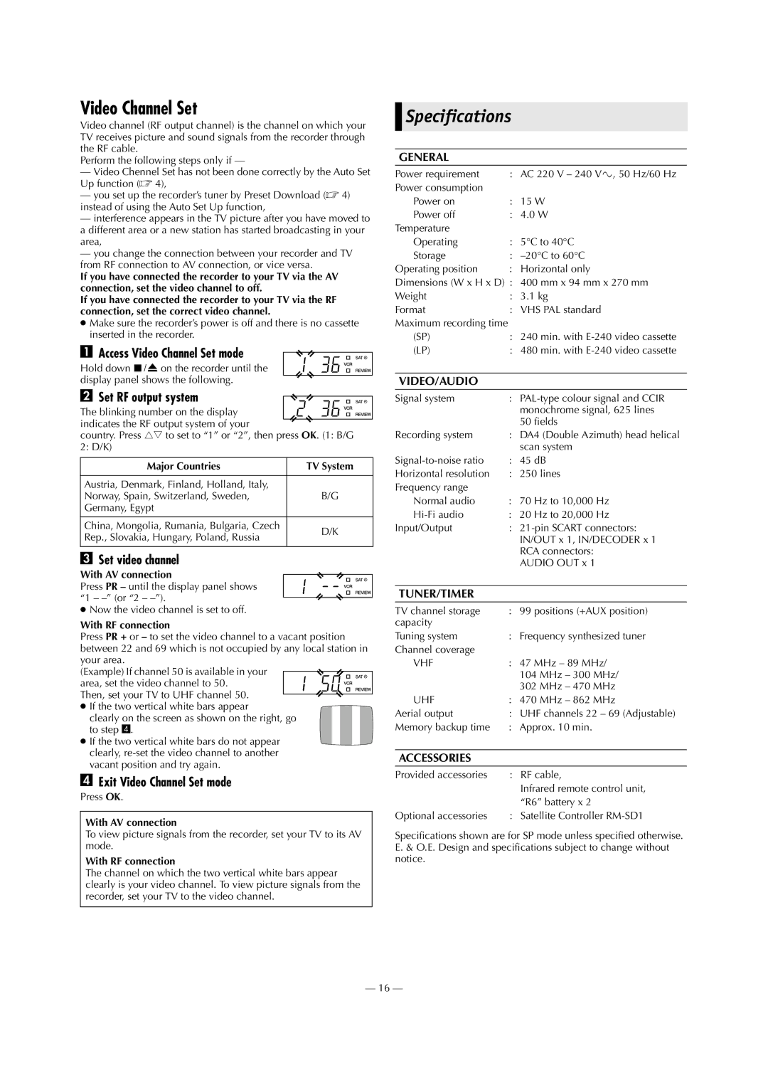 JVC HR-J691EU, HR-J693EU, HR-J694EU specifications Video Channel Set, Specifications 