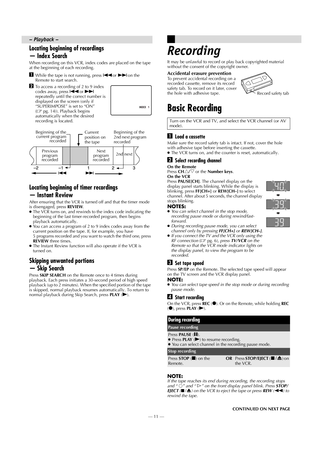 JVC HR-J693U Basic Recording, Locating beginning of recordings Index Search, Skipping unwanted portions Skip Search 