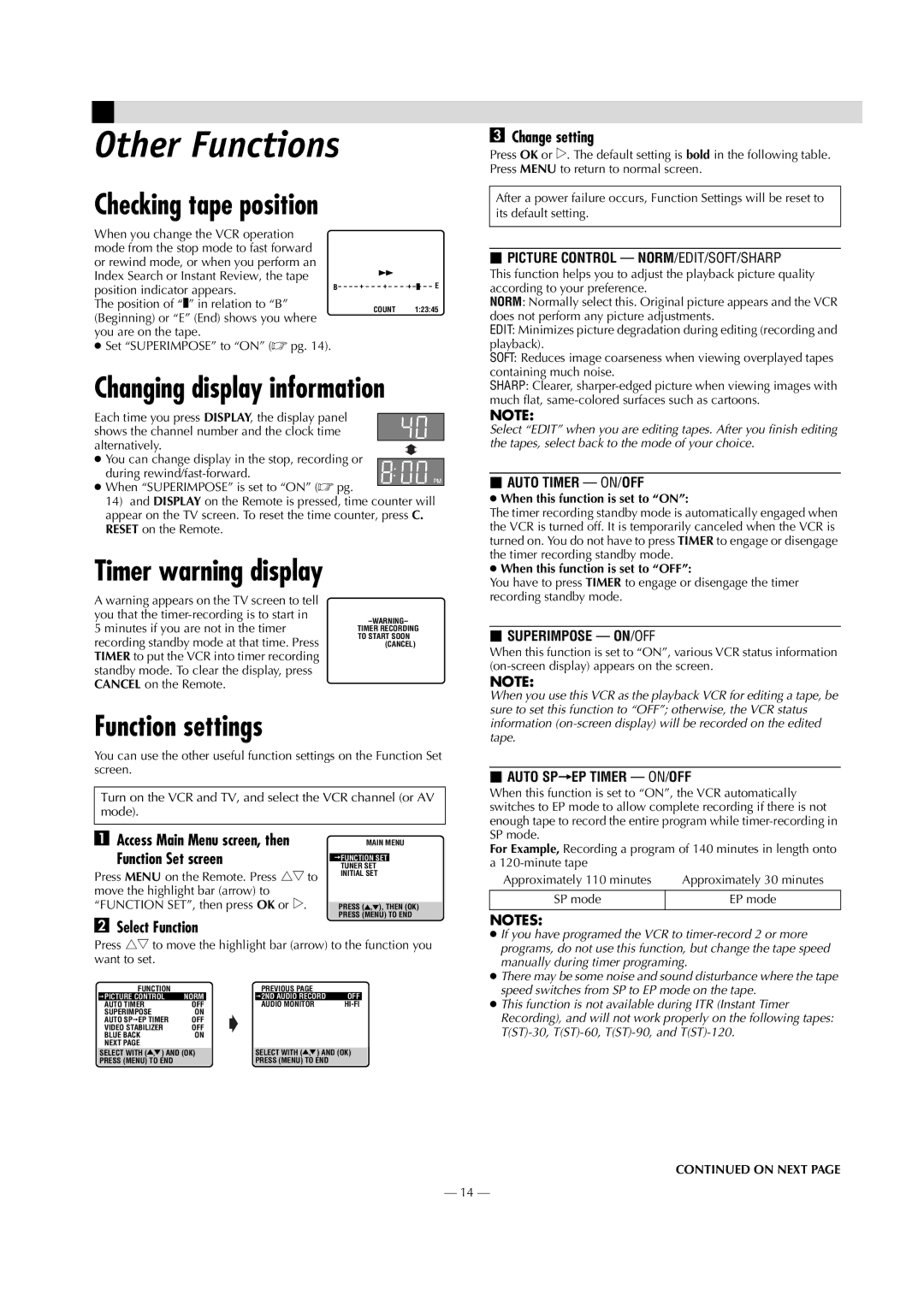 JVC HR-J693U manual Other Functions, Checking tape position, Function settings 