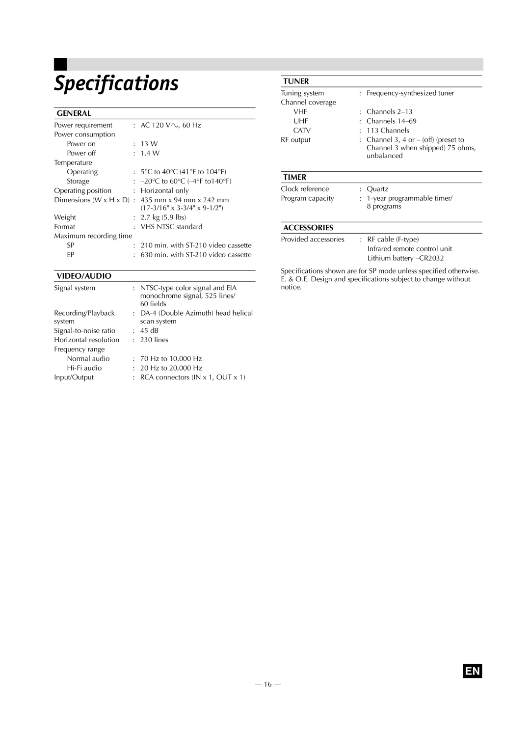 JVC HR-J693U manual Specifications, General 