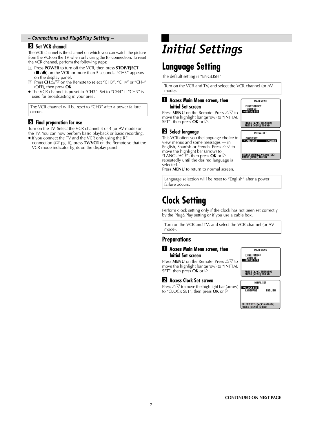 JVC HR-J693U manual Initial Settings, Language Setting, Clock Setting, Preparations 