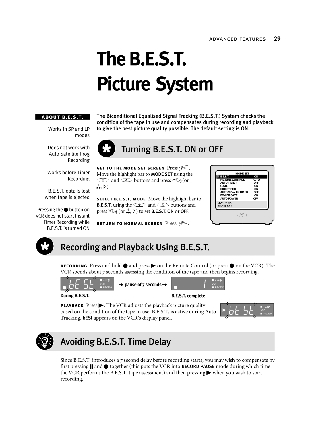 JVC HR-J696EK, HR-J695EK manual B.E.S.T Picture System, Turning B.E.S.T. on or OFF, Recording and Playback Using B.E.S.T 