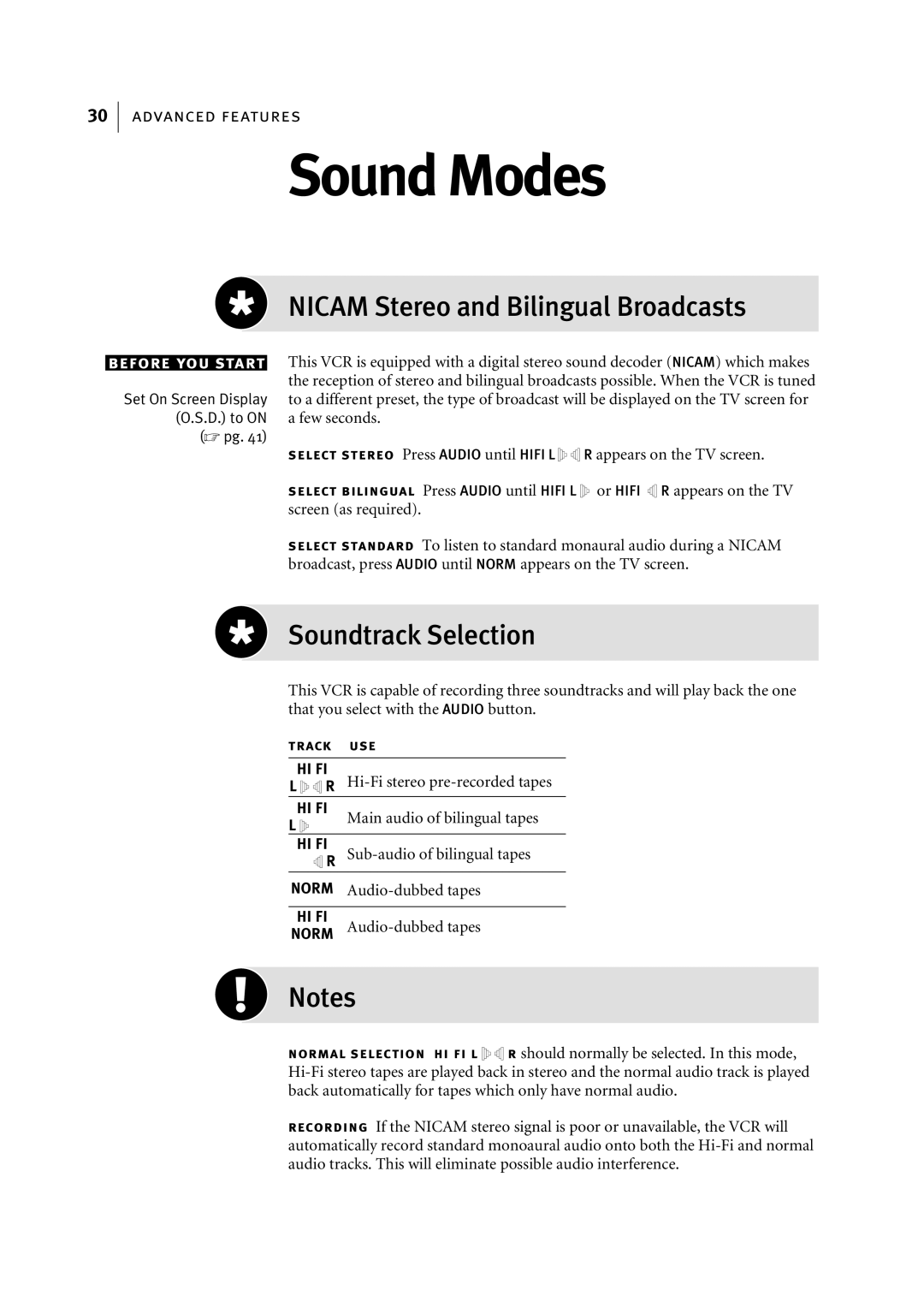 JVC HR-J695EK, HR-J696EK manual Sound Modes, Nicam Stereo and Bilingual Broadcasts, Soundtrack Selection 