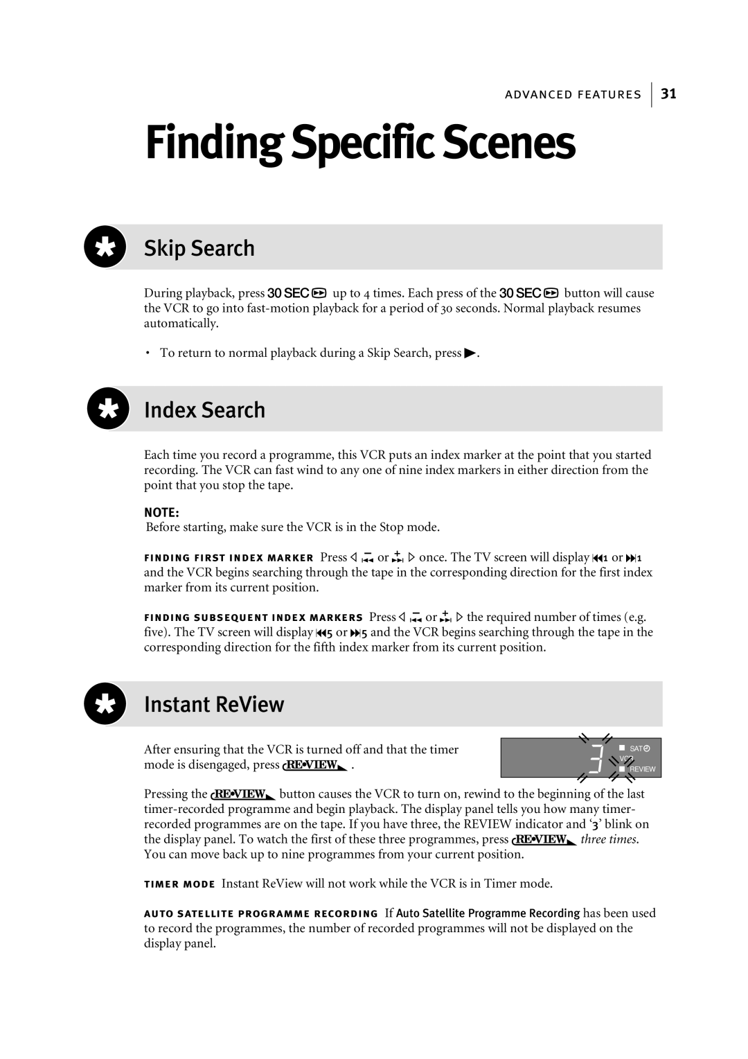 JVC HR-J696EK, HR-J695EK manual Finding Specific Scenes, Skip Search, Index Search, Instant ReView 