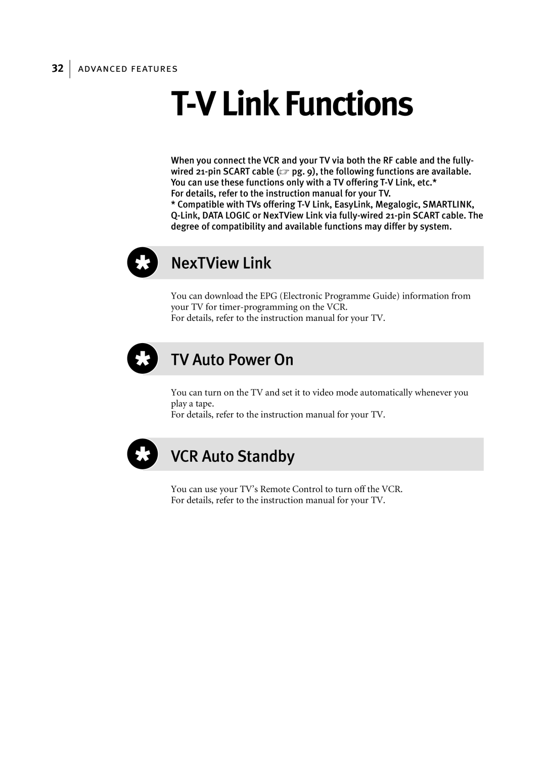 JVC HR-J695EK, HR-J696EK manual Link Functions, NexTView Link, TV Auto Power On, VCR Auto Standby 