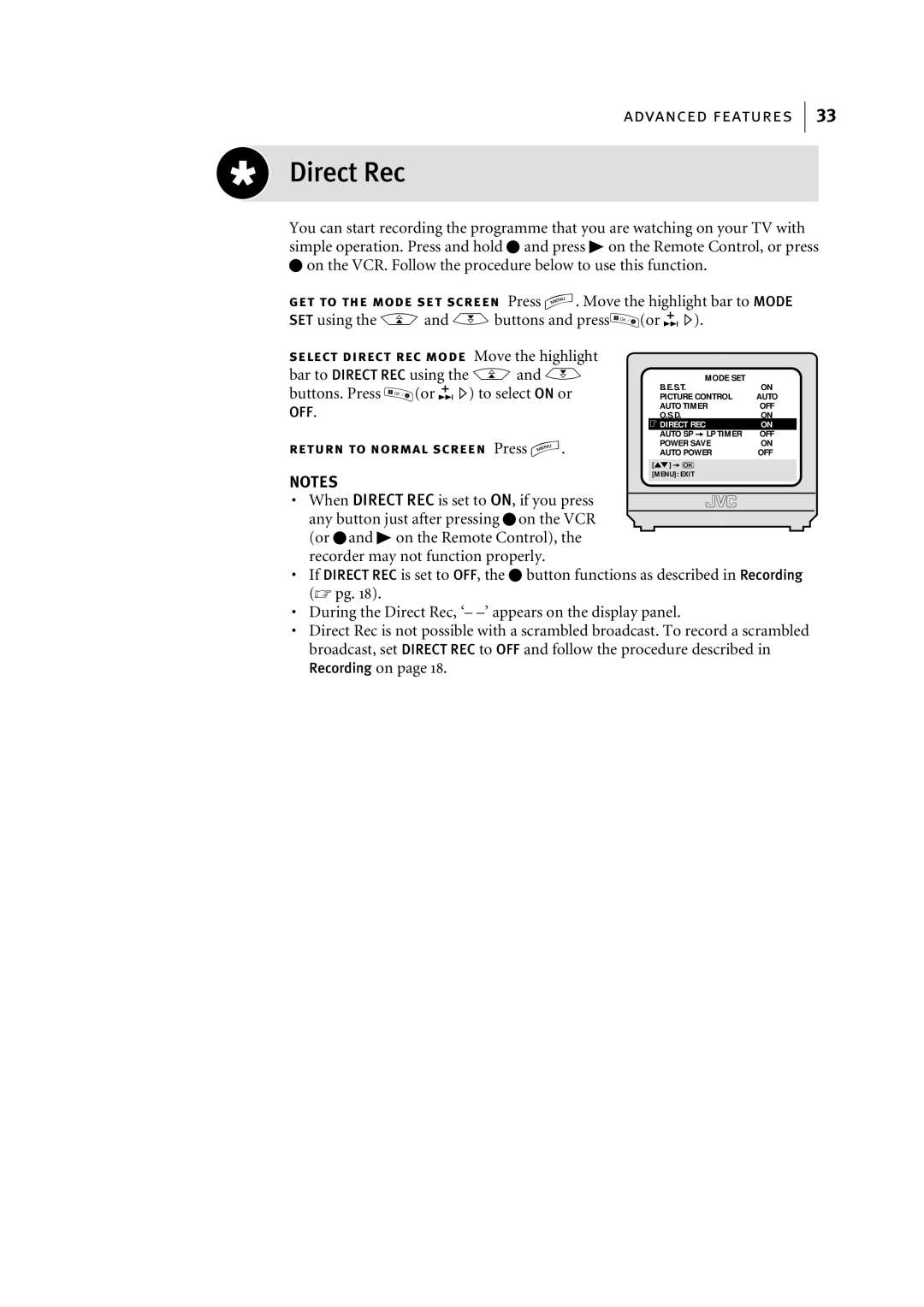 JVC HR-J696EK, HR-J695EK manual Direct Rec, Buttons. Press Or E to select on or, Recording on 