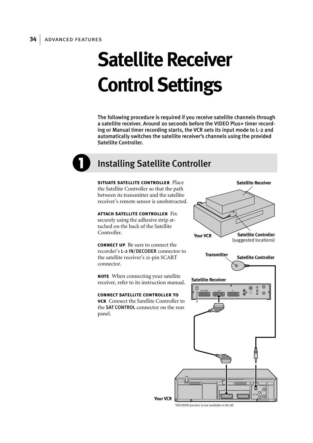 JVC HR-J695EK, HR-J696EK manual Satellite Receiver Control Settings, Installing Satellite Controller 