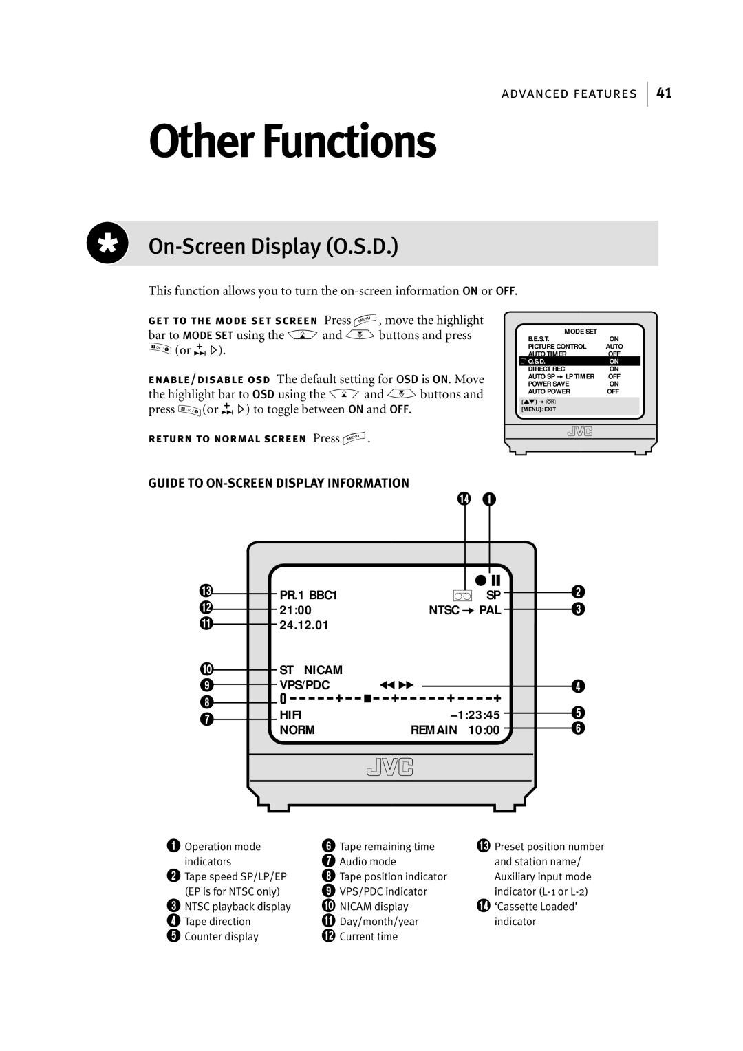 JVC HR-J696EK, HR-J695EK manual Other Functions, On-Screen Display O.S.D 