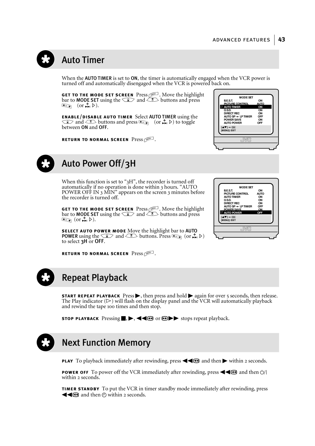 JVC HR-J696EK, HR-J695EK manual Auto Timer, Auto Power Off/3H, Repeat Playback, Next Function Memory 