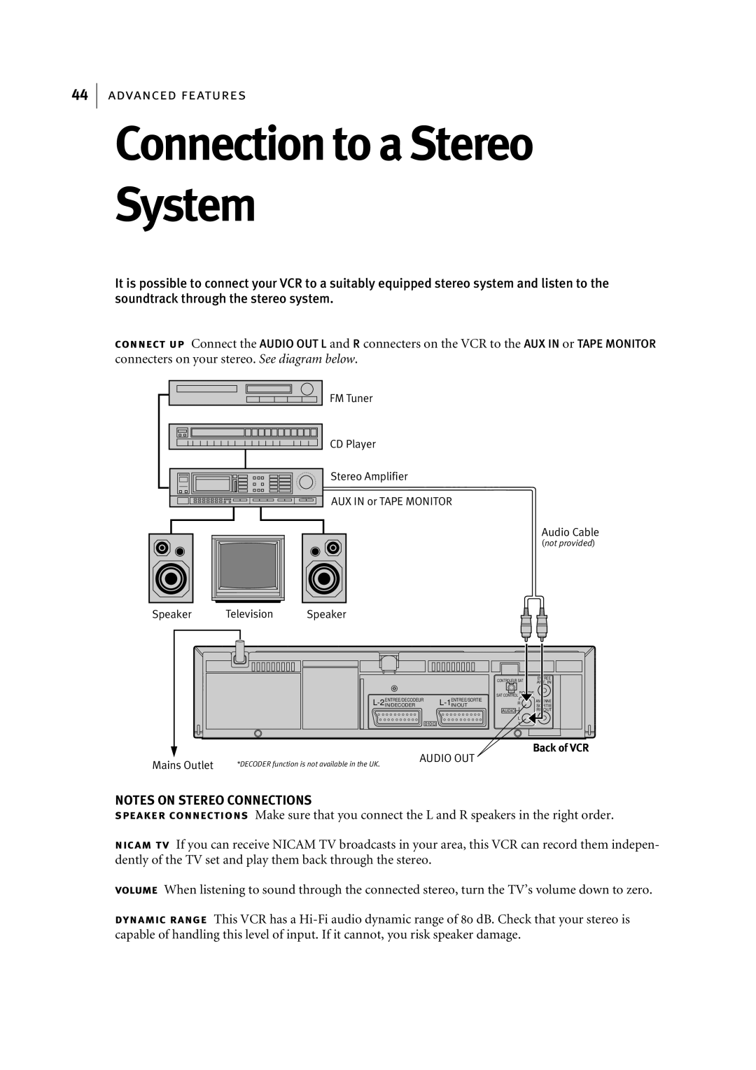 JVC HR-J695EK, HR-J696EK manual Connection to a Stereo System, AUX in or Tape Monitor 