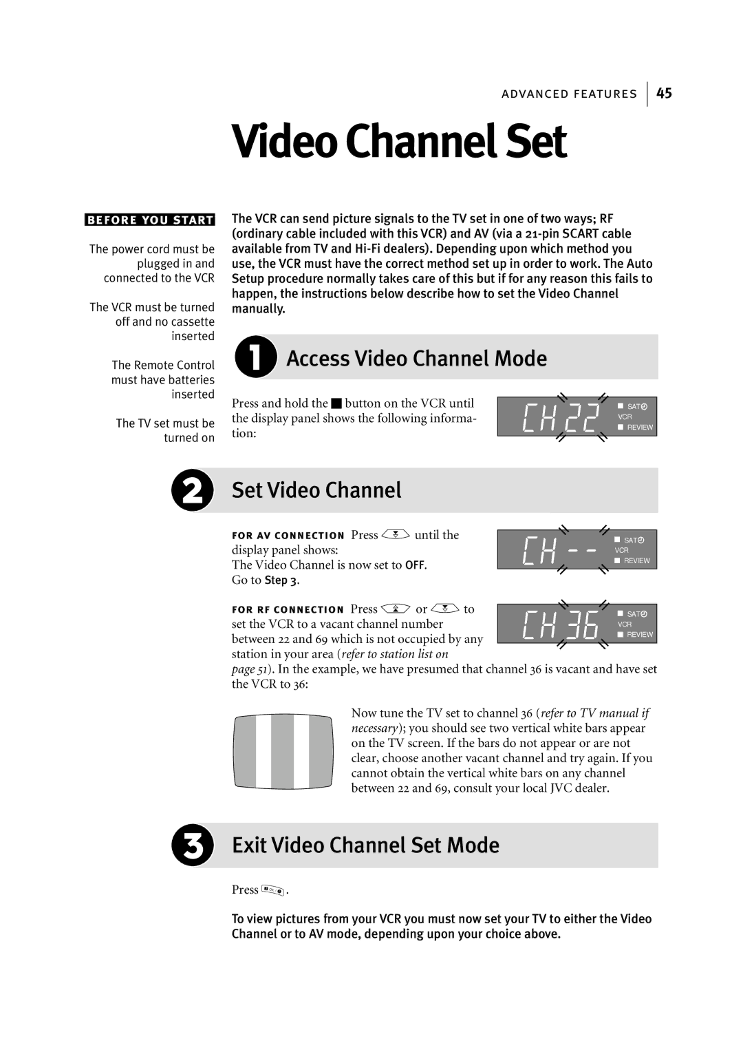 JVC HR-J696EK, HR-J695EK manual Access Video Channel Mode, Set Video Channel, Exit Video Channel Set Mode 