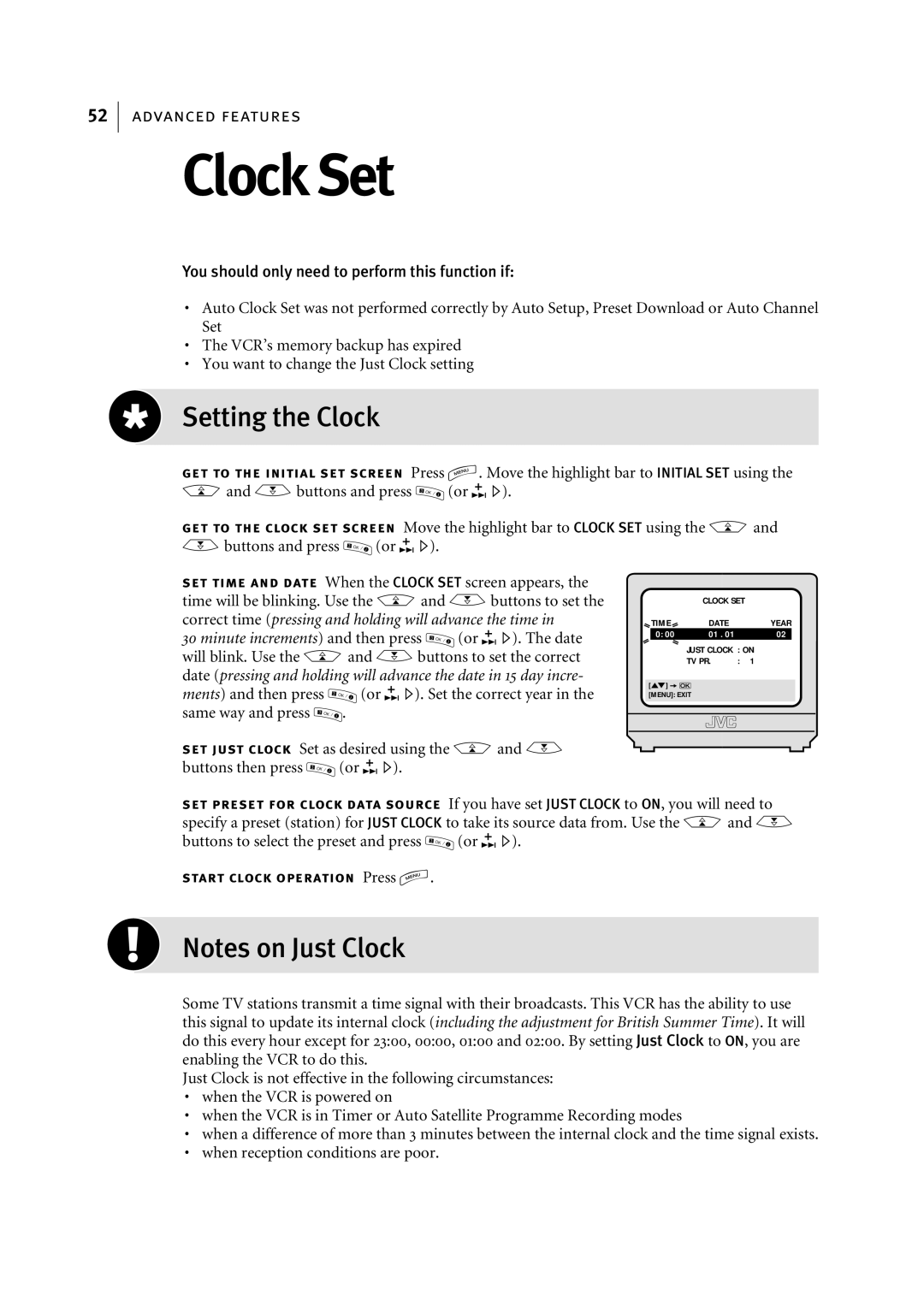 JVC HR-J695EK, HR-J696EK manual Setting the Clock, Or E. The date, Or E. Set the correct year 